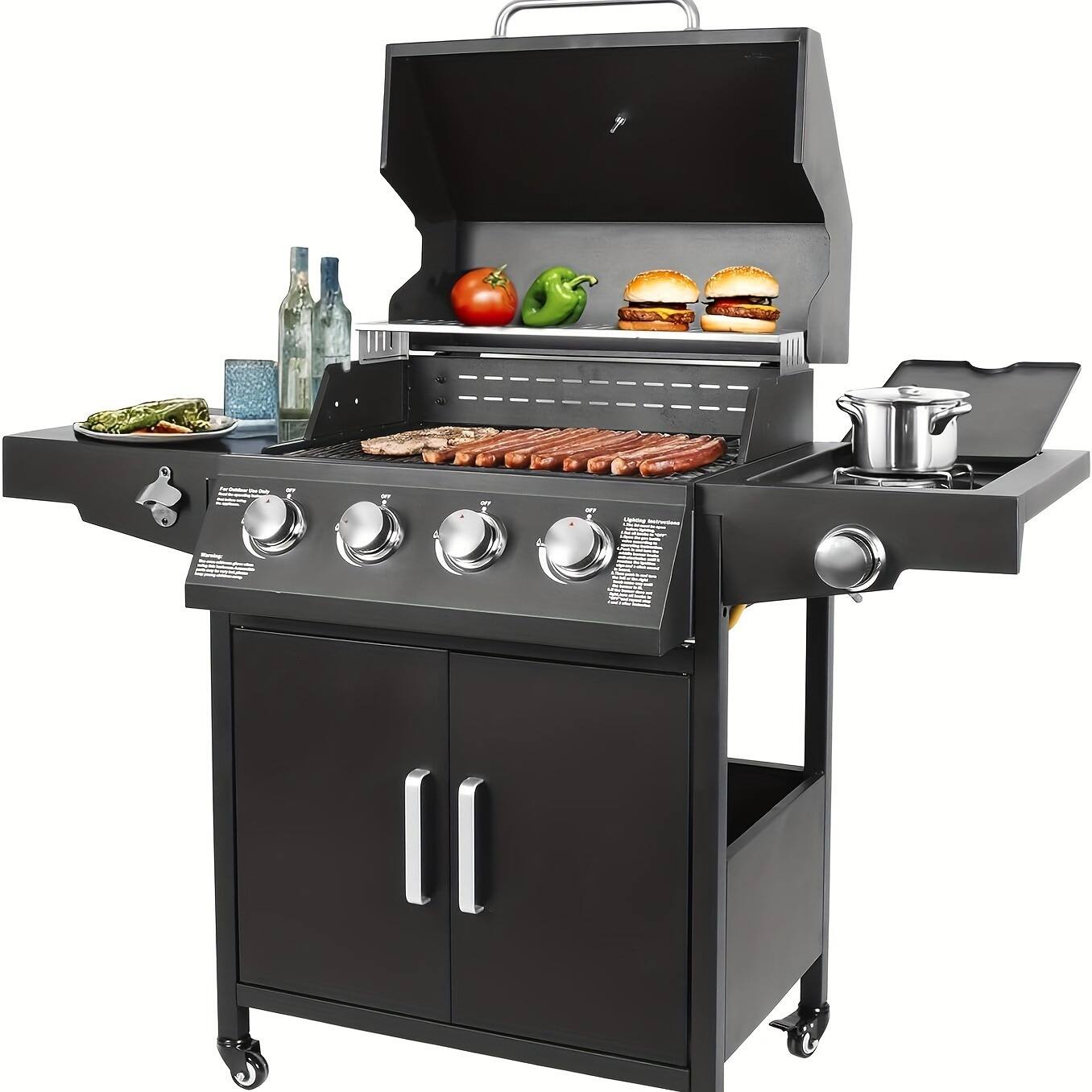 Front. GlowWise - Propane Gas Grill 4 Burners With Side Burner Freestanding Grill Cart With Wheels For Outdoor Garden Cooking Barbecue - Black.