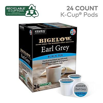 RECYCLABLE K-CUP® PODS  
24 COUNT  
KEURIG® K-Cup® Pods  

BIGELOW  
FAMILY TEA BLENDERS SINCE 1945  

Earl Grey  
BLACK TEA  

Hand-picked black tea delicately blended with real oil of bergamot from Calabria, Italy  

24 COUNT