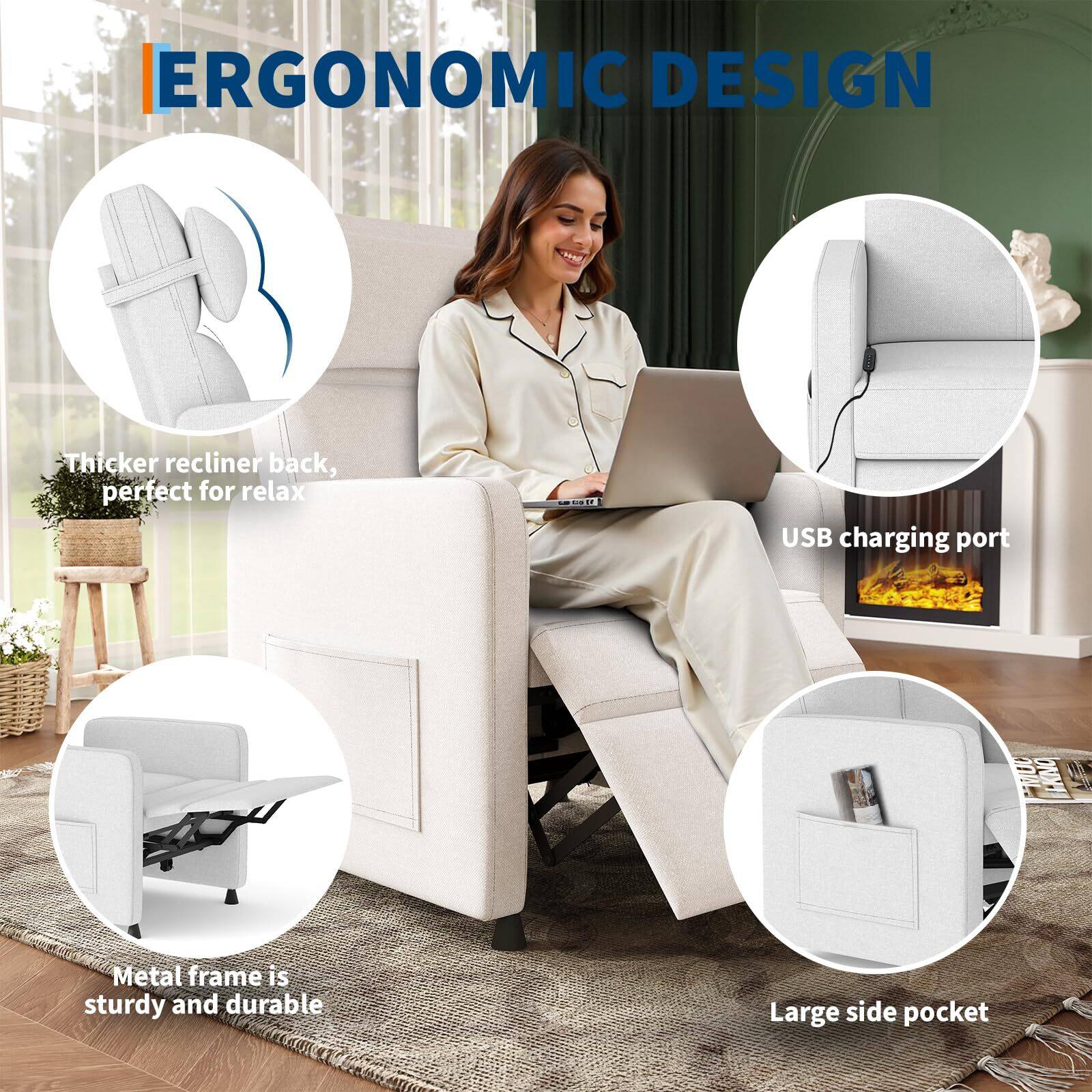 ERGONOMIC DESIGN

- Thicker recliner back, perfect for relax
- USB charging port
- Metal frame is sturdy and durable
- Large side pocket