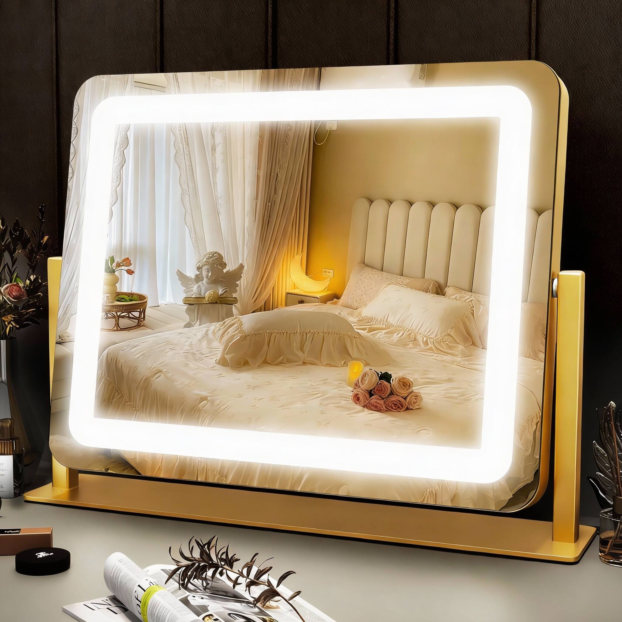 Front. PO3TICJUNKI3 - 8"x10" USB Lighted Vanity Mirror, 3-Color Dimmable LED, Touch Control, 360° Swivel, Travel White - Gold 12"L x 15"W.
