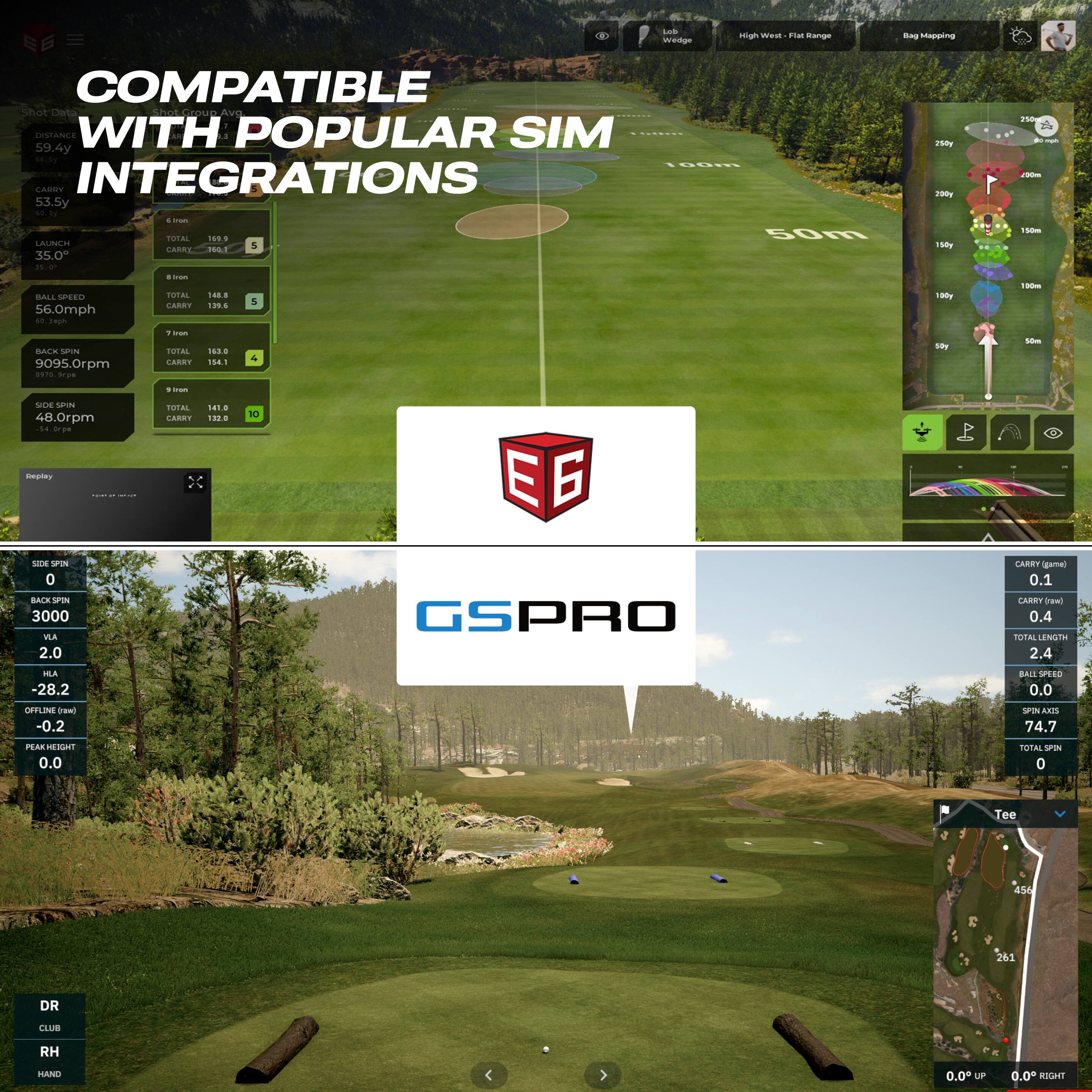 COMPATIBLE WITH POPULAR SIM INTEGRATIONS

Shot Data
- 59.4y
- 53.5y

Launch
- 35.0
- 56.0mph

Back Spin
- 9095.0rpm

Side Spin
- 48.0rpm

Total
- 100.9

DR
- CLUB
- RH
- HAND

GS PRO