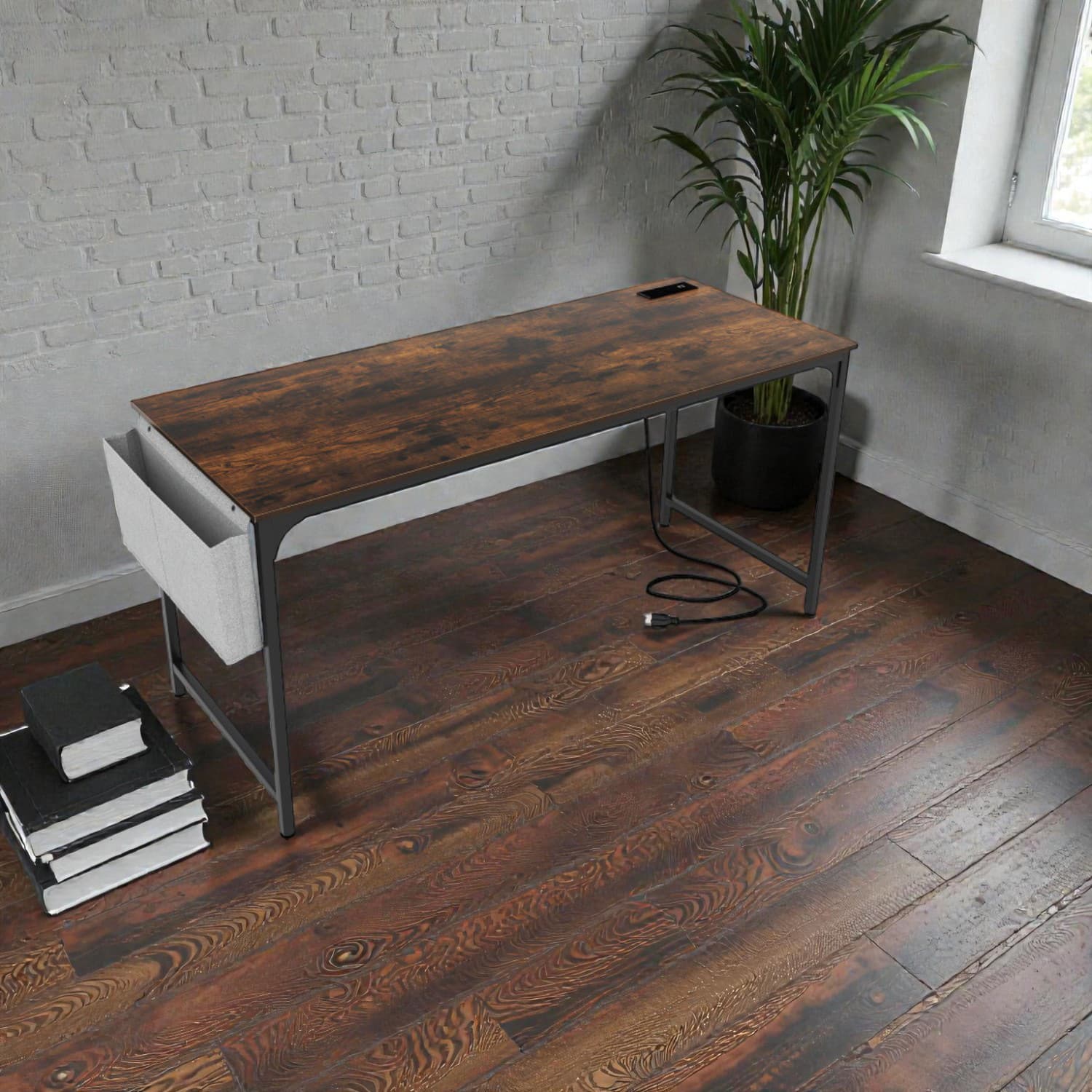 Hivvago - Multi-Functional 60-Inch Desk with Built-In Power Hub and Storage Solutions - Rustic Brown