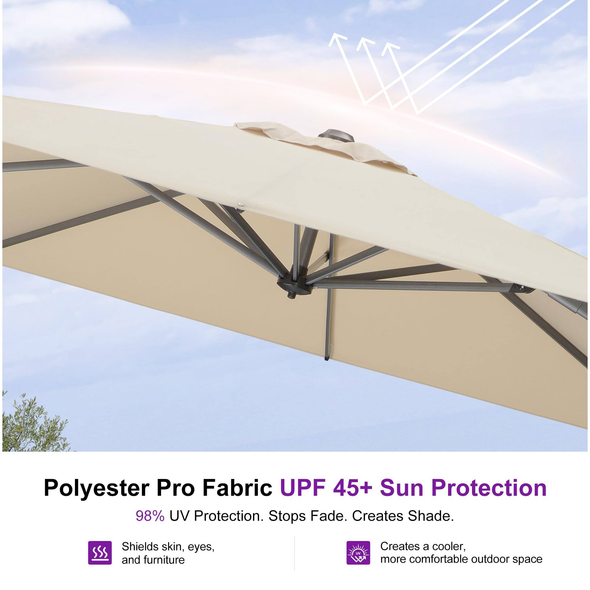 Polyester Pro Fabric UPF 45+ Sun Protection

98% UV Protection. Stops Fade. Creates Shade.

- Shields skin, eyes, and furniture
- Creates a cooler, more comfortable outdoor space