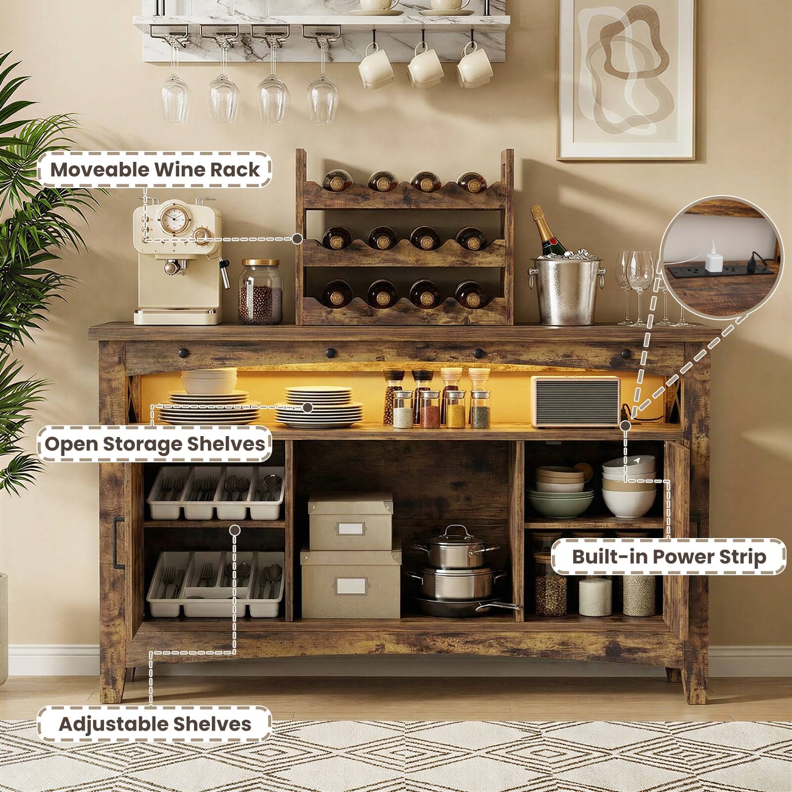 Moveable Wine Rack B8 Open Storage Shelves Built-in Power Strip Adjustable Shelves
