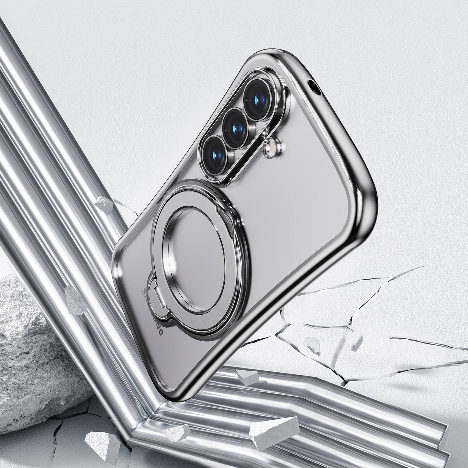 Alt View 4. Dteck - Magnetic Case for Samsung Galaxy S26 with 360 Ring Stand and Strap, Shockproof TPU Phone Cover Built-in Lens Protector - Silver.