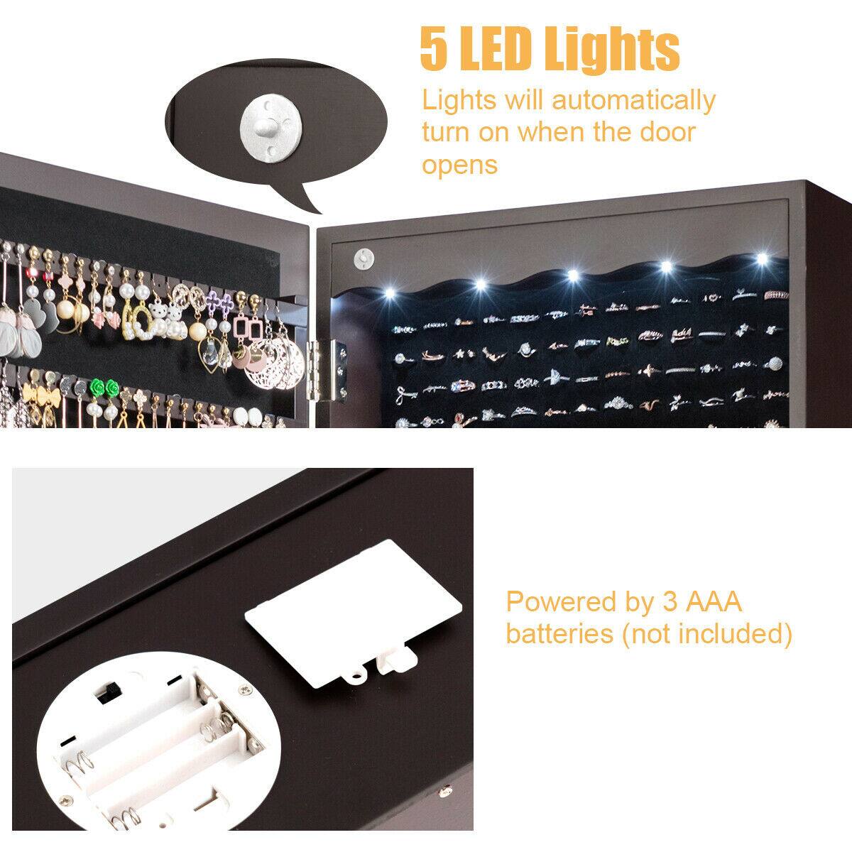 5 LED Lights  
Lights will automatically turn on when the door opens  

Powered by 3 AAA batteries (not included)