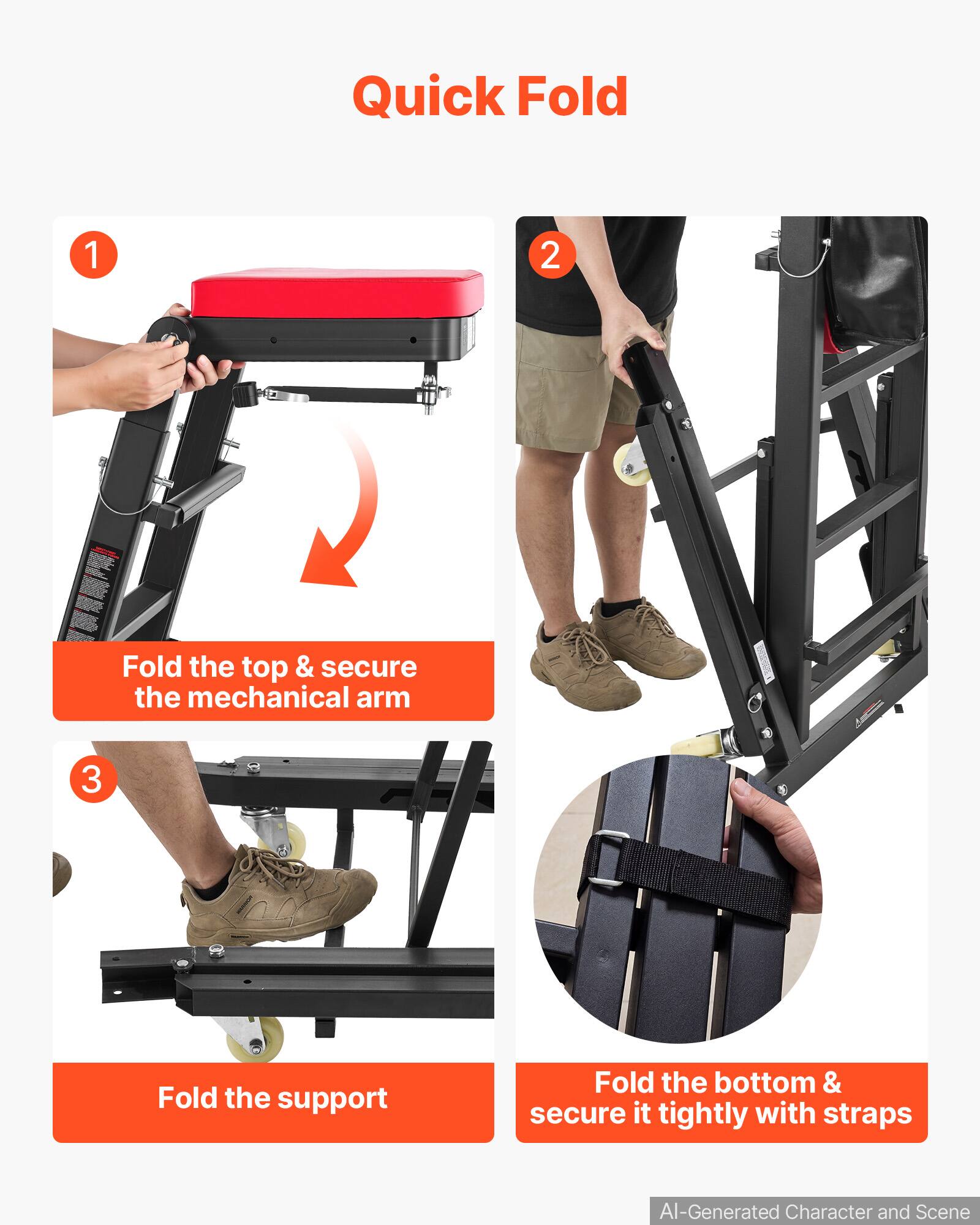 Quick Fold

1. Fold the top & secure the mechanical arm
2. Fold the support
3. Fold the bottom & secure it tightly with straps

AI-Generated Character and Scene