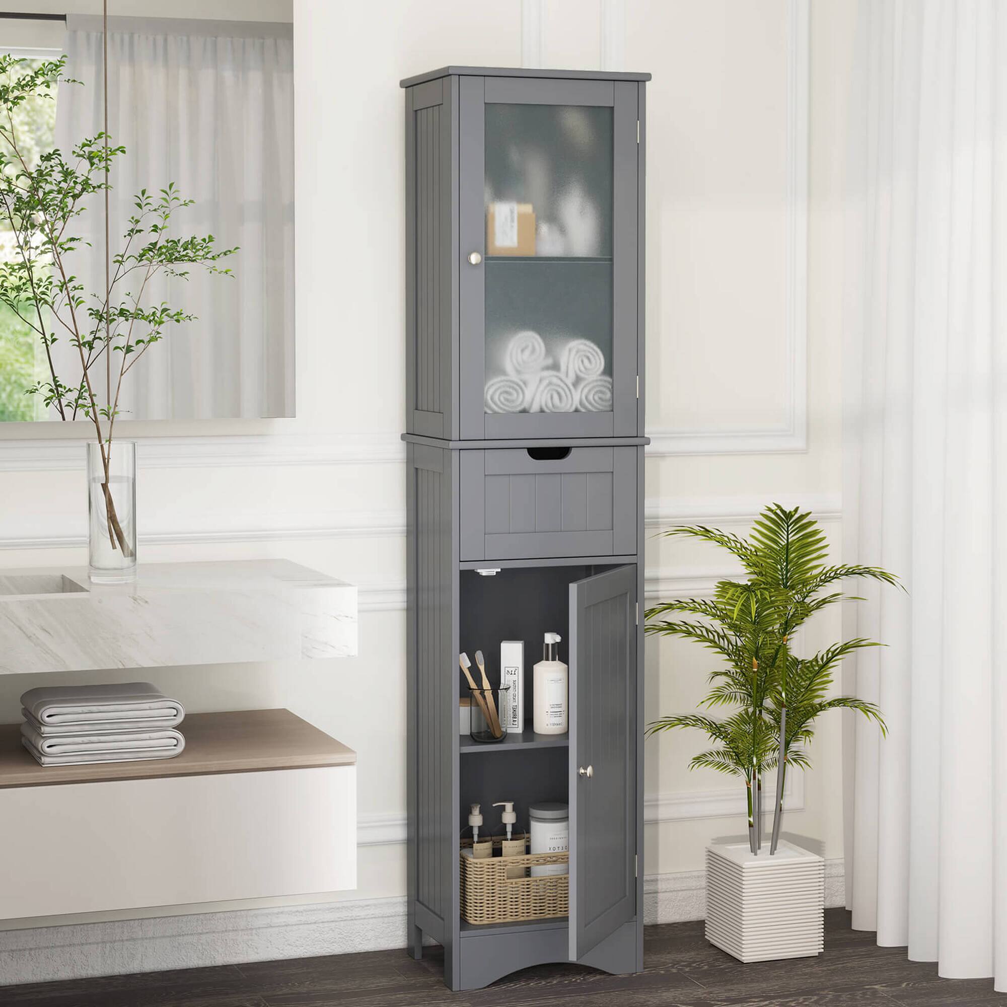 Alt View 4. Costway - Costway Bathroom Floor Cabinet with Adjustable Shelves Glass Door Cabinet Deep Drawer - Gray.