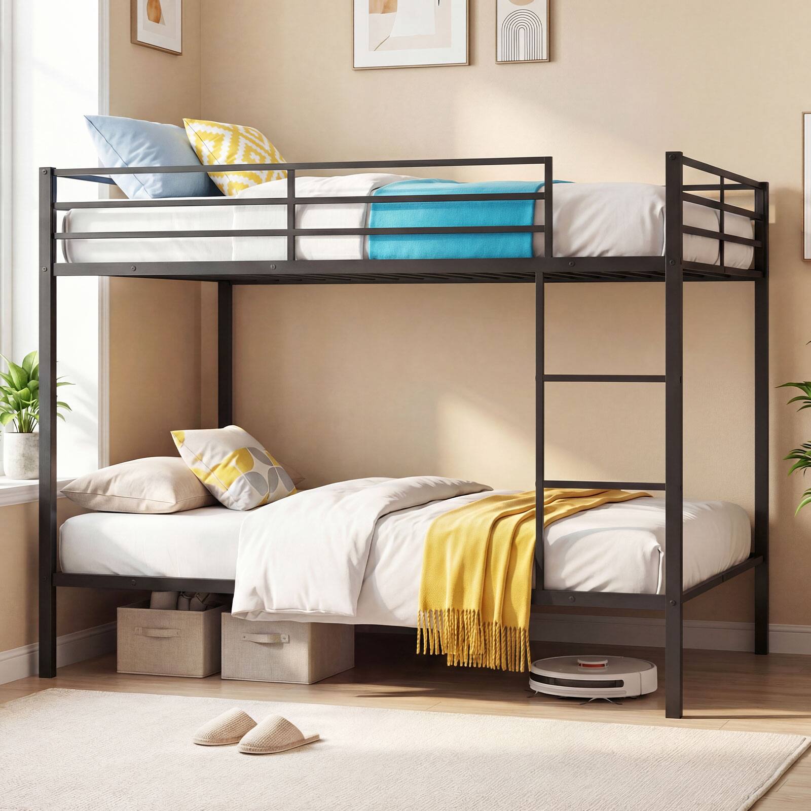 Alt View 3. Costway - Costway Metal Bunk Bed Full Over Full, Modern Heavy-duty Bunk Bed with Safety Guardrail - Black.