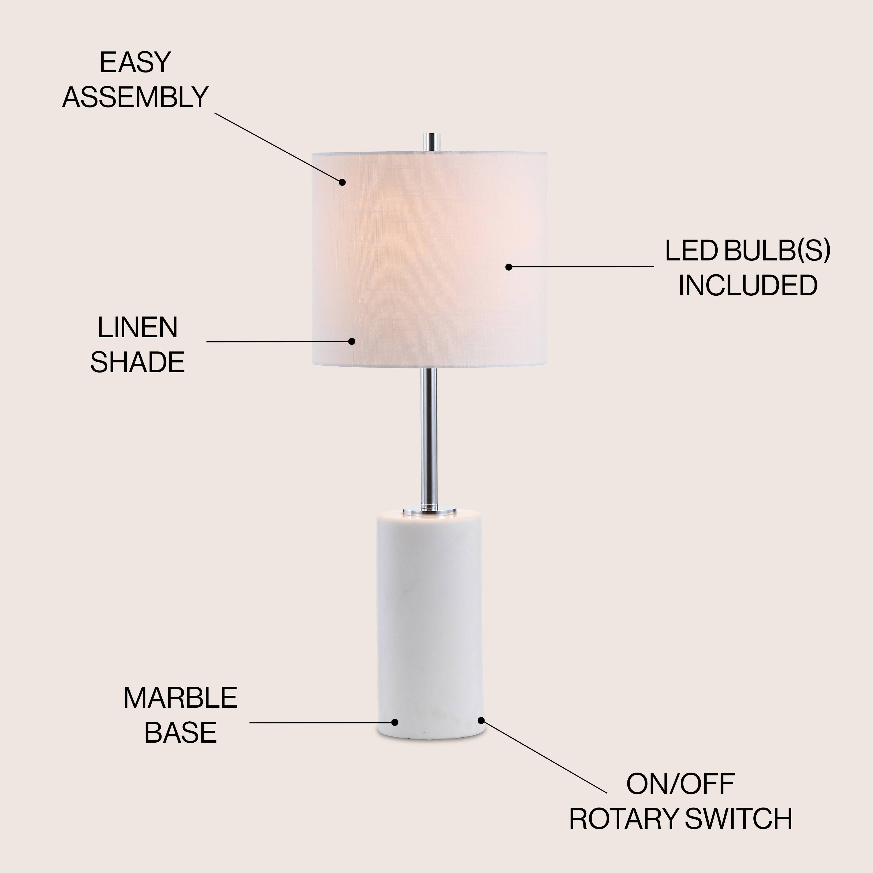 EASY ASSEMBLY LINEN SHADE LED BULB(S) INCLUDED MARBLE BASE ON/OFF ROTARY SWITCH