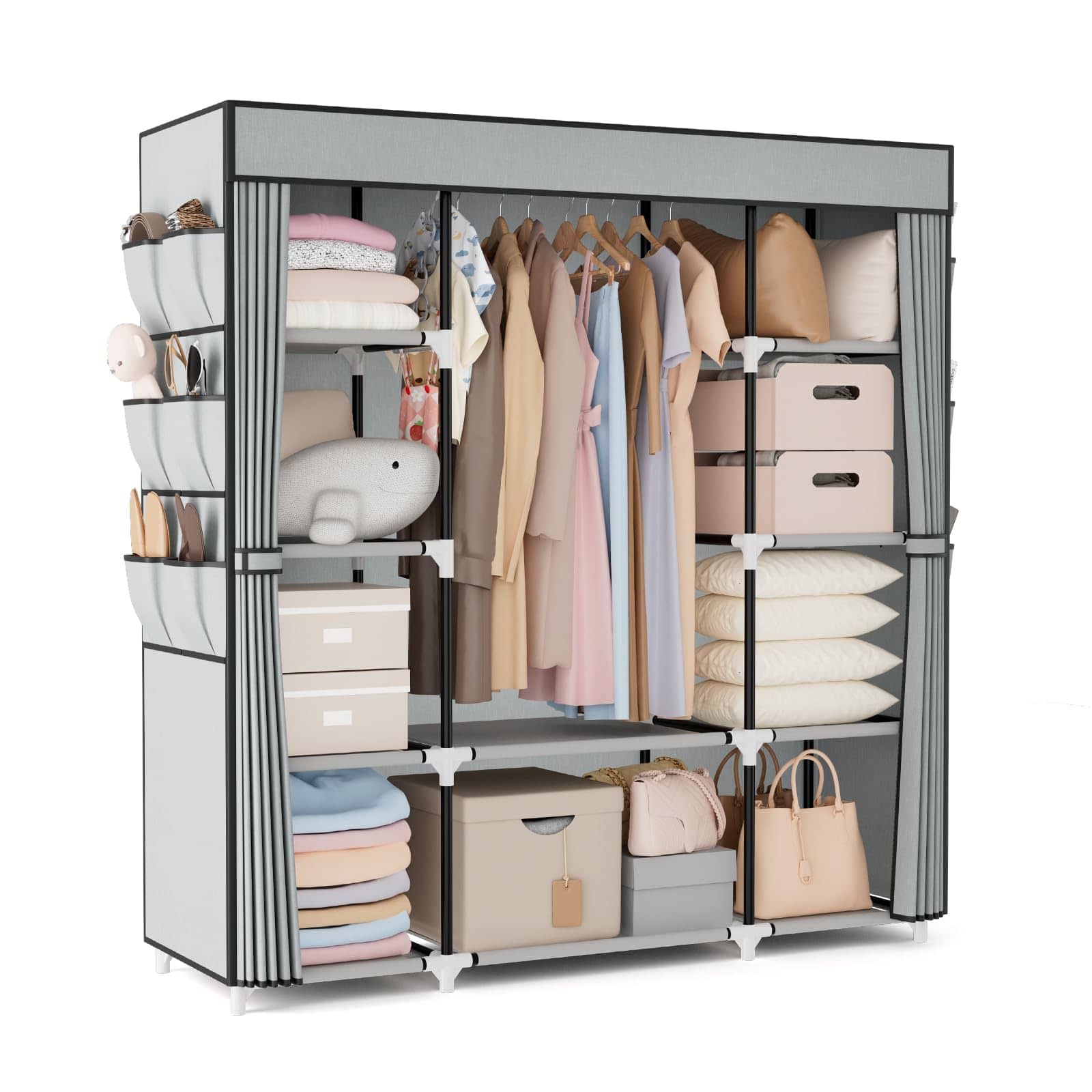 Cedar Assembly - Portable Closet Wardrobe For Hanging Clothes 57 Large Capacity Rack With Cover 10 Storage Organizer Shelves - Gray
