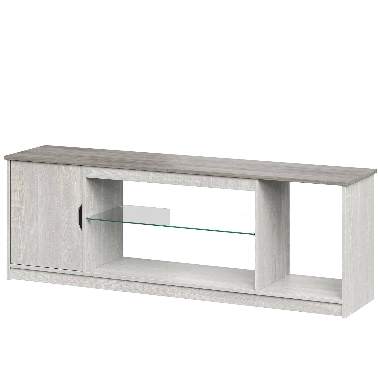 Angle. Bestier - 57-inch Gaming TV Stand with RGB Lights, Adjustable Glass Shelves & PS Console Storage - Washed White.