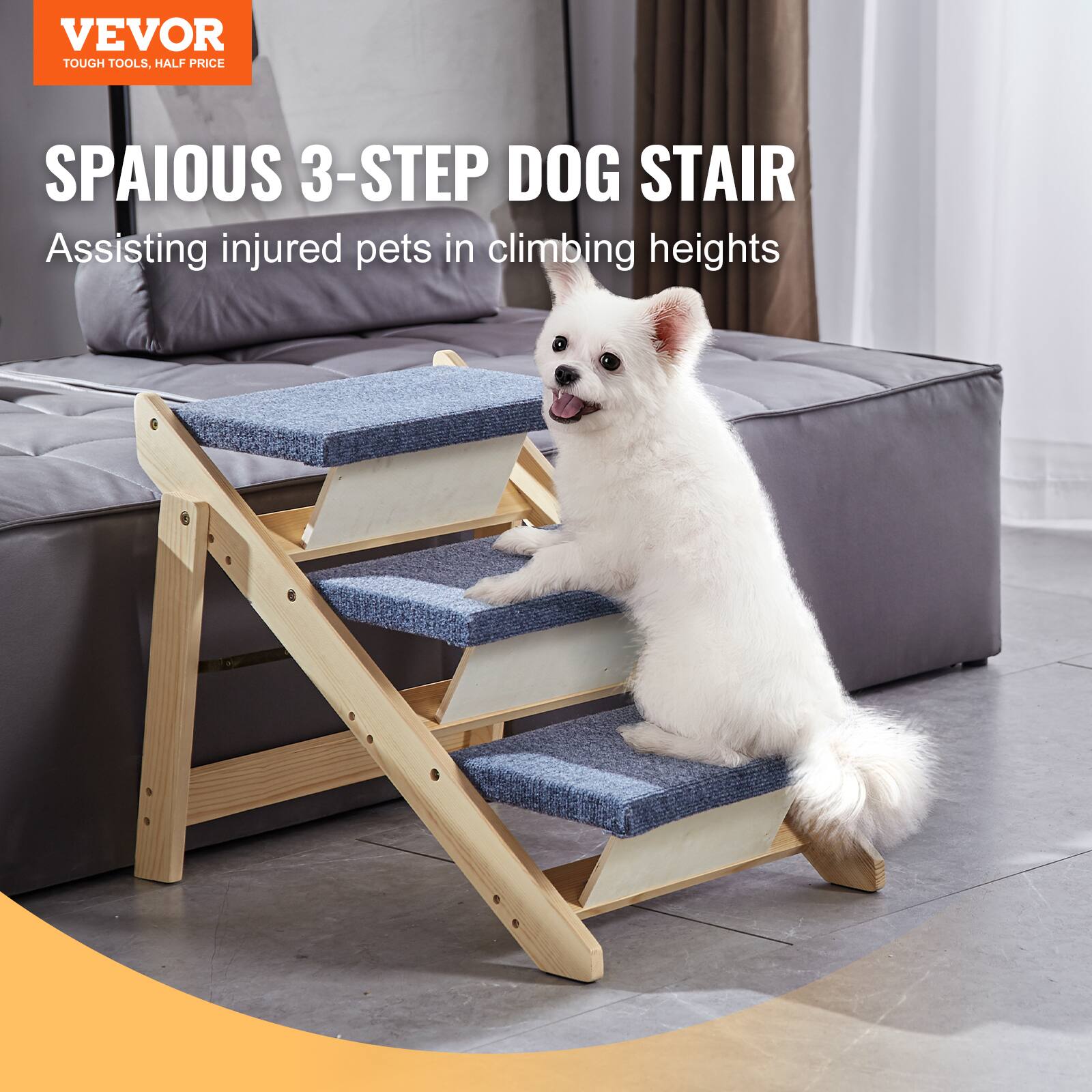 VEVOR  
TOUGH TOOLS, HALF PRICE  

SPAI0US 3-STEP DOG STAIR  
Assisting injured pets in climbing heights