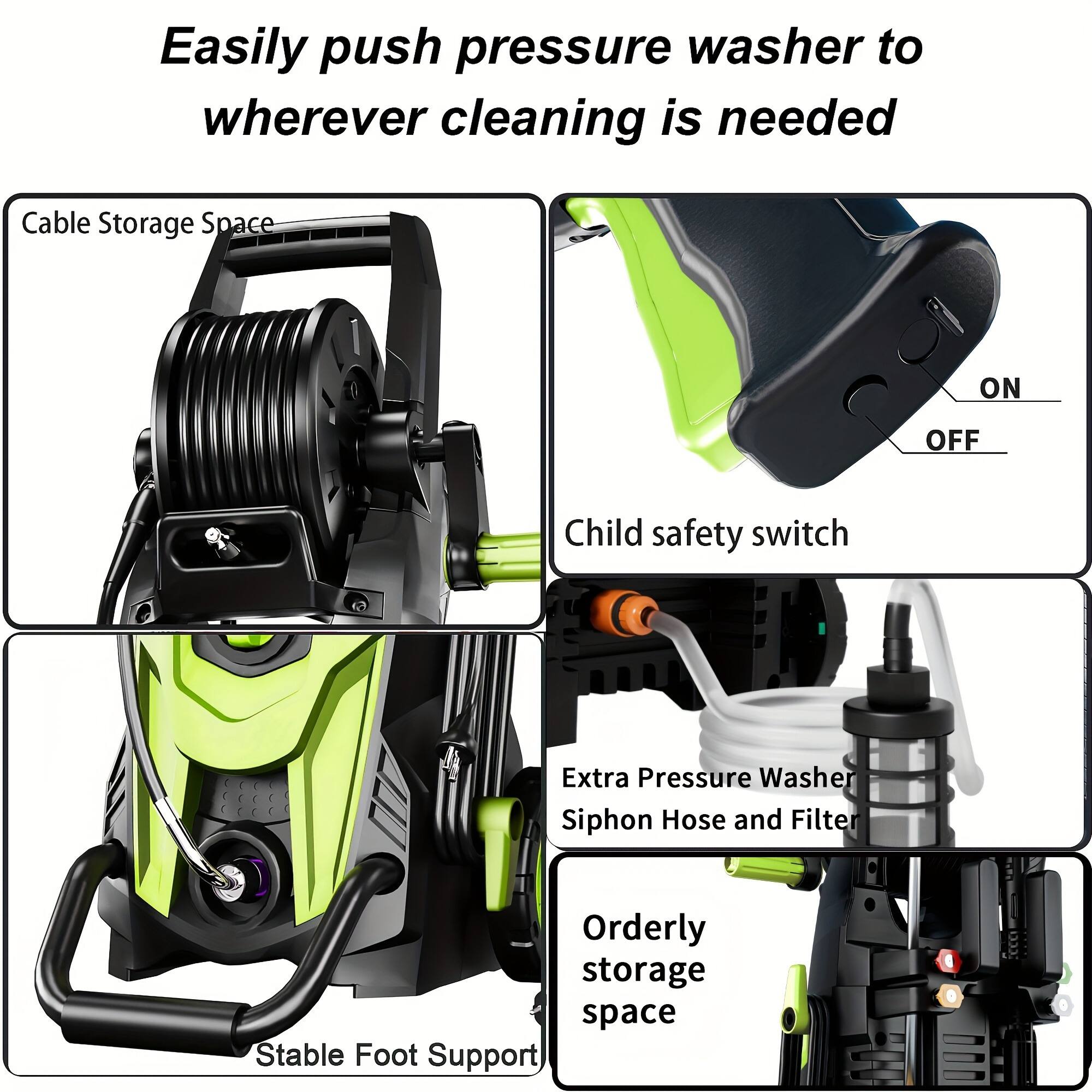 Easily push pressure washer to wherever cleaning is needed

- Cable Storage Space
- Child safety switch (ON/OFF)
- Extra Pressure Washer Siphon Hose and Filter
- Orderly storage space
- Stable Foot Support