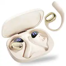 Front. Trigiz - Wireless Open Ear Earbuds Bluetooth 5.4 with Earhooks, 70Hrs Playtime, LED Power Display Case, IP7 for Sports & Running - Beige.