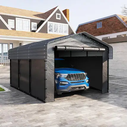 Front. Essen Blissed - 10x15FT Metal Carport Kits with Galvanized Steel Roof, Removable Sidewalls for Tractors, Boat,Car,Gray.