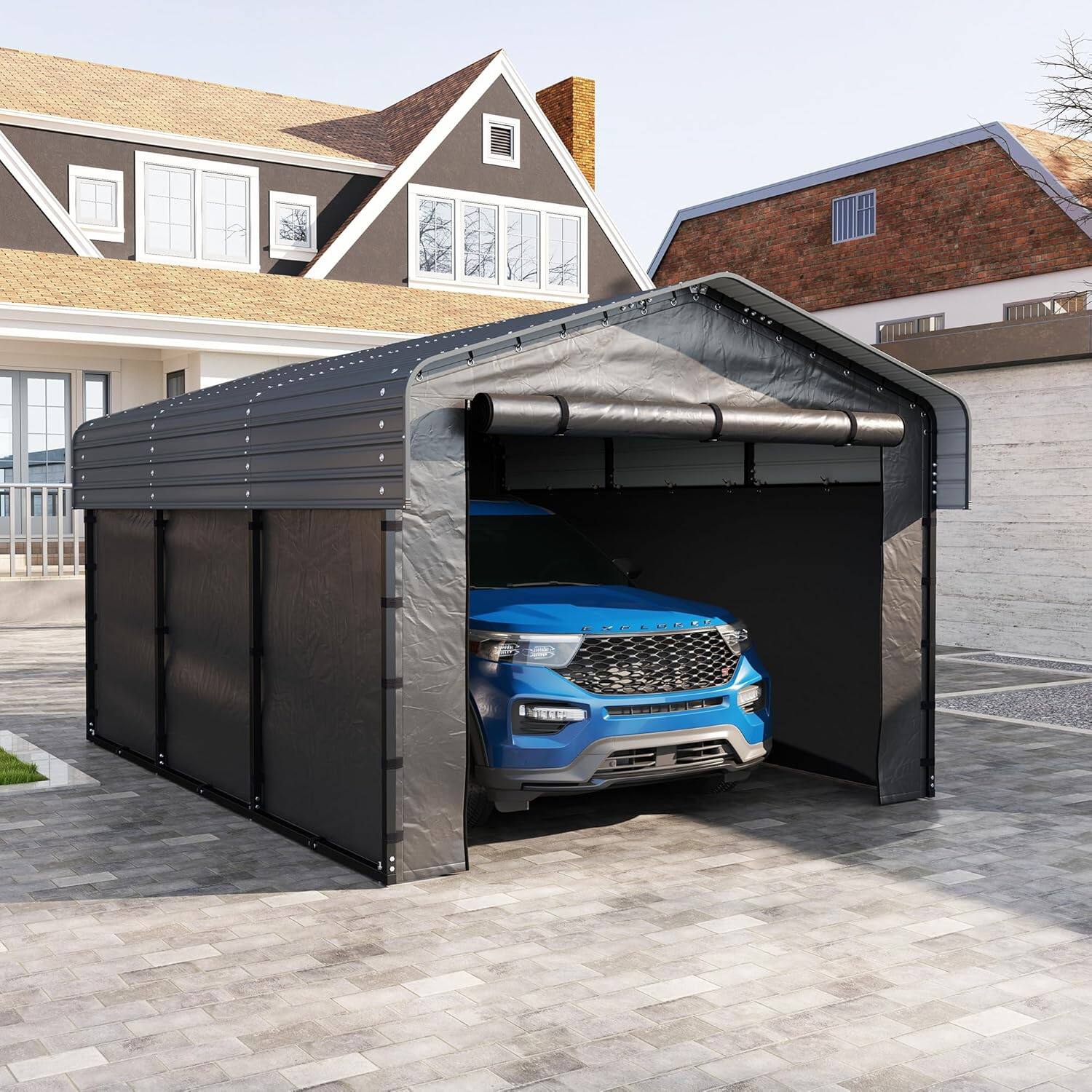 Front. Essen Blissed - 10x15FT Metal Carport Kits with Galvanized Steel Roof, Removable Sidewalls for Tractors, Boat,Car,Gray.