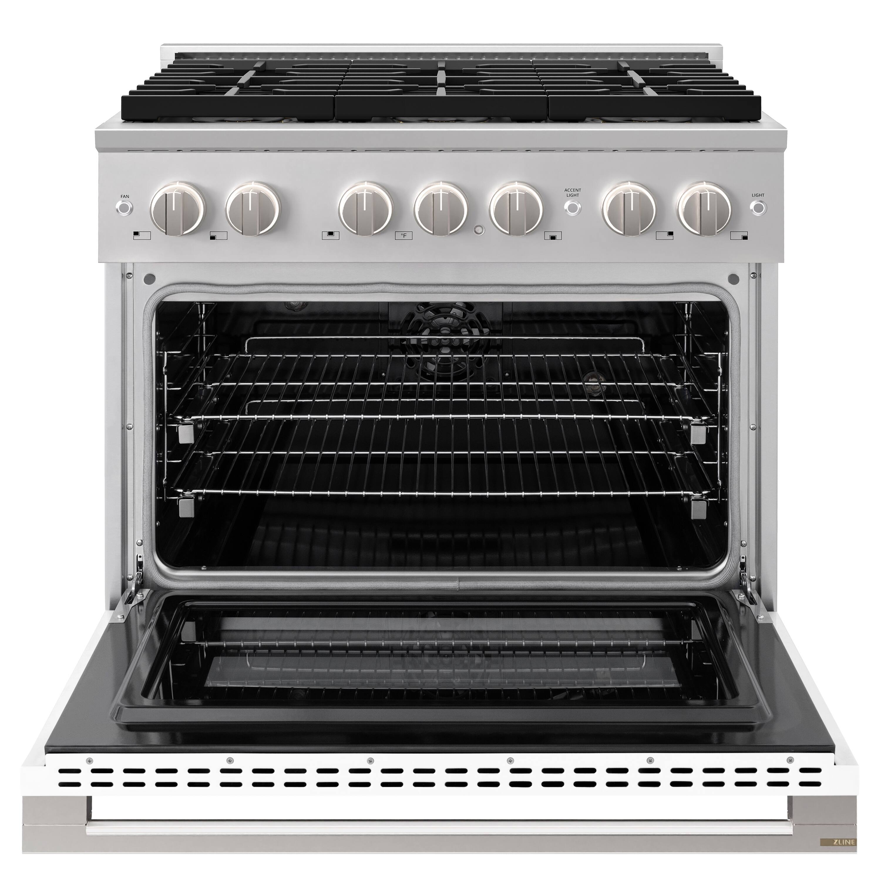 Angle. ZLINE - 36 in. 5.2 cu. ft. Marino Freestanding Dual Fuel Range with 6 DuoPro Burners and Convection Oven with White Door - White Matte.
