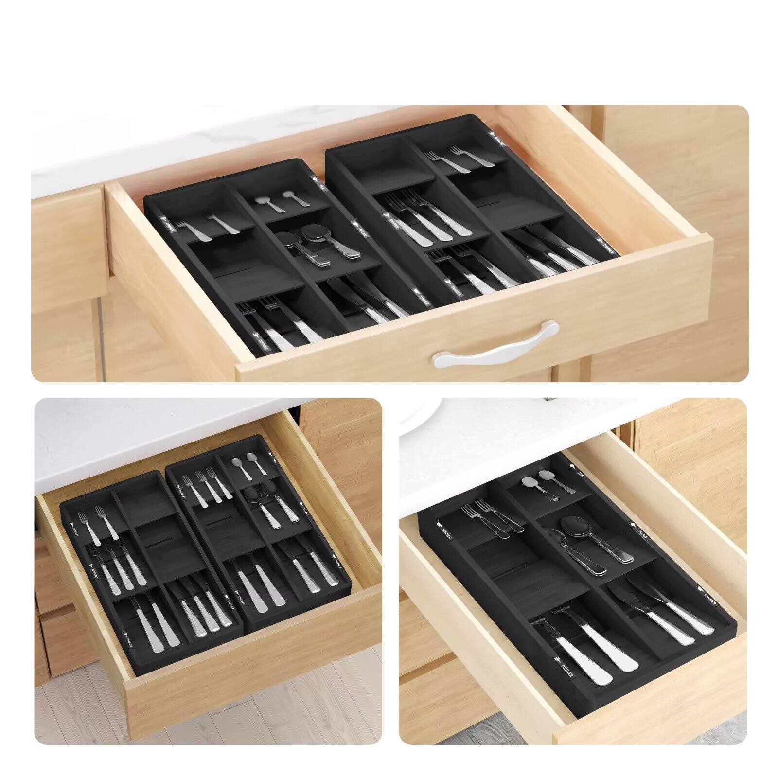 Alt View 2. Tooloton - Bamboo Flatware Drawer Organizer Tray with 6 Slots and Labels for Utensil Storage (Black Color) - Black.