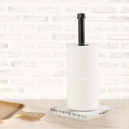 Front. Oumilen - Industrial Pipe Paper Towel Holder with Distressed White Wood Base, Matte Black Metal Kitchen Roll Dispenser.