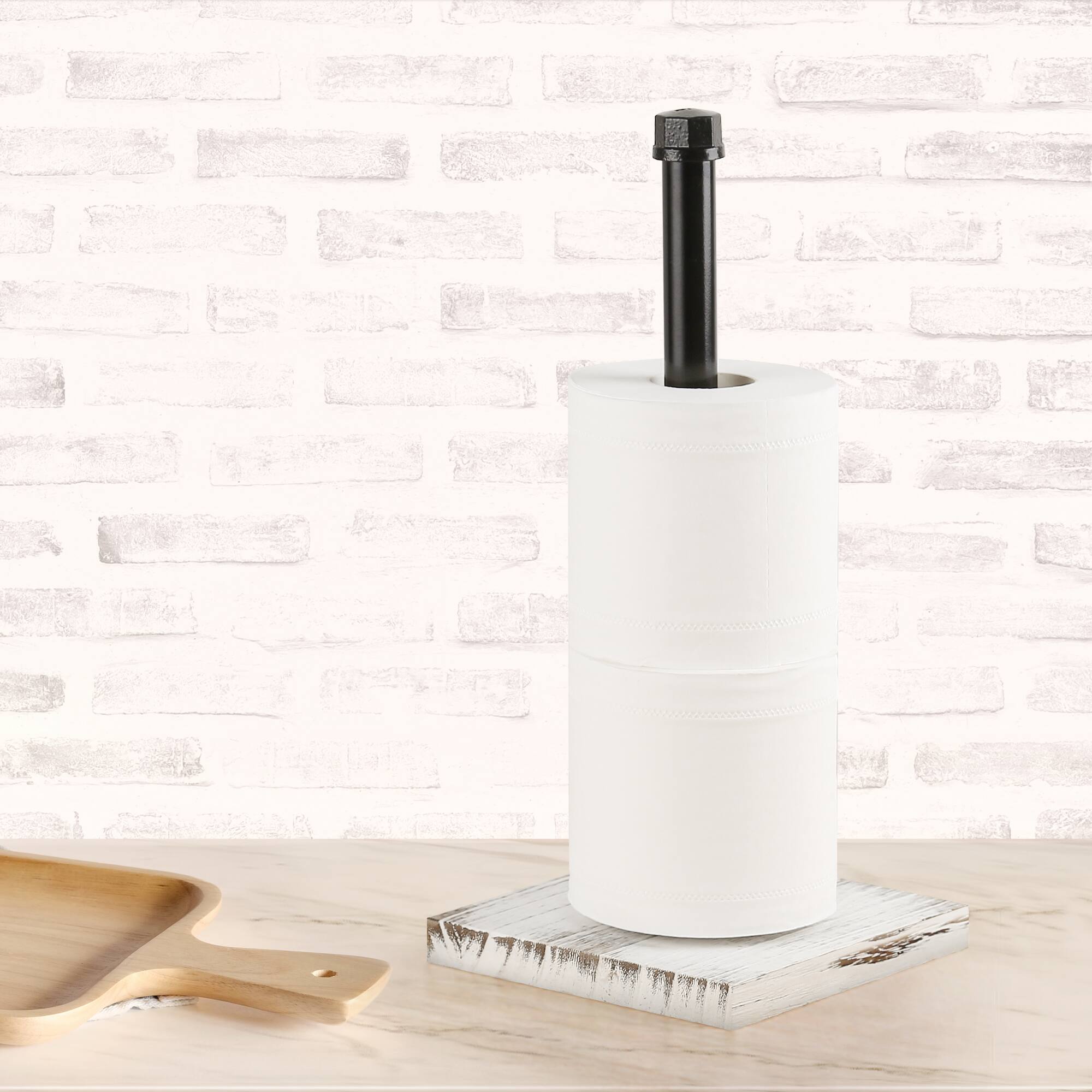 Front. Oumilen - Industrial Pipe Paper Towel Holder with Distressed White Wood Base, Matte Black Metal Kitchen Roll Dispenser.