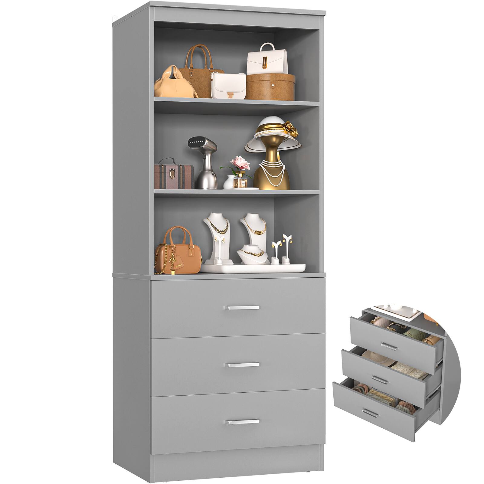 Alt View 3. Aheaplus - 71'' Tall Bookcase with 3 Drawers and Shelves, 23.6'' Wide Modular Small Walk-in Storage Unit - Gray.