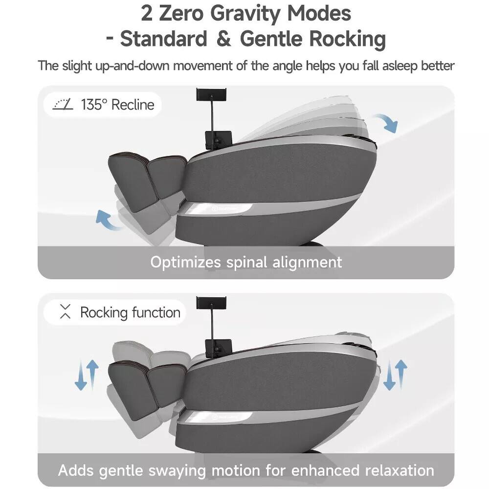 2 Zero Gravity Modes  
- Standard & Gentle Rocking  

The slight up-and-down movement of the angle helps you fall asleep better  

135° Recline  
Optimizes spinal alignment  

Rocking function  
Adds gentle swaying motion for enhanced relaxation
