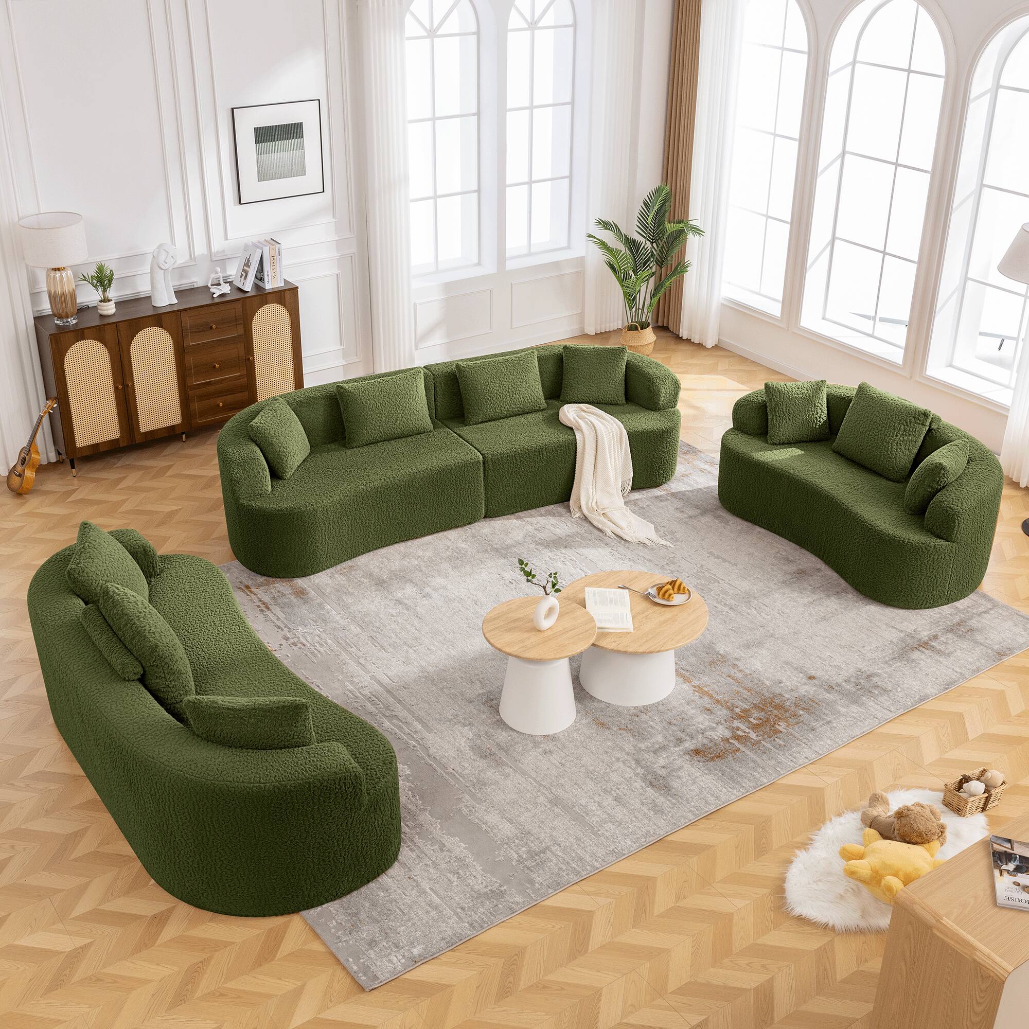 Alt View 7. KERDOM - 112" Corduroy Curved Sectionals Sofa with 4 Pillows, Teddy Plush Floor Couch for Living Room and Apartment, No Install - Green.