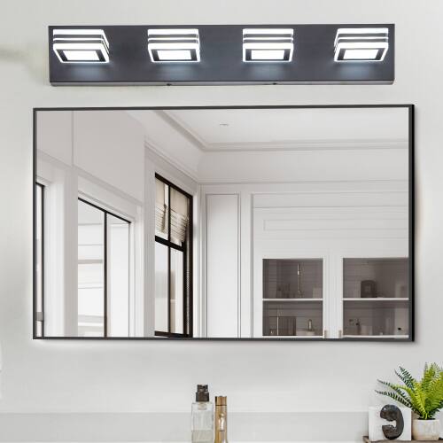 Angle. LUCKY ONE - 26in Wall Mount LED Vanity Light, 4-Light Black Fixture with Square Acrylic Shades for Bathroom - Black.