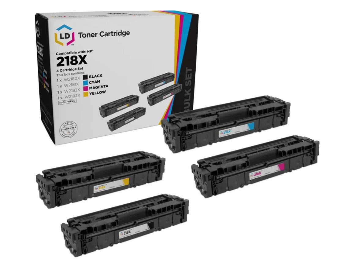LDJ Toner Cartridge
Compatible with: HP* 218X
4 Cartridge Set
This box contains:
1 x W2180X BLACK
1 x W2181X CYAN
1 x W2183X MAGENTA
1 x W2182X YELLOW
HIGH YIELD
LIFETIME GUARANTEE
210X 218X 218X 219X