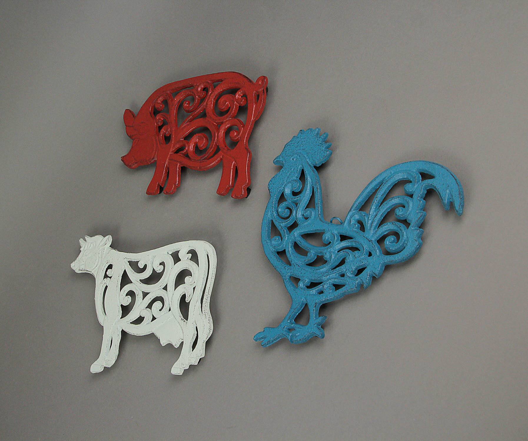 Alt View 1. Zeckos - Set of 3 Cast Iron Farm Animal Kitchen Trivets Wall Art Decor Rooster Cow Pig - Multicolored.