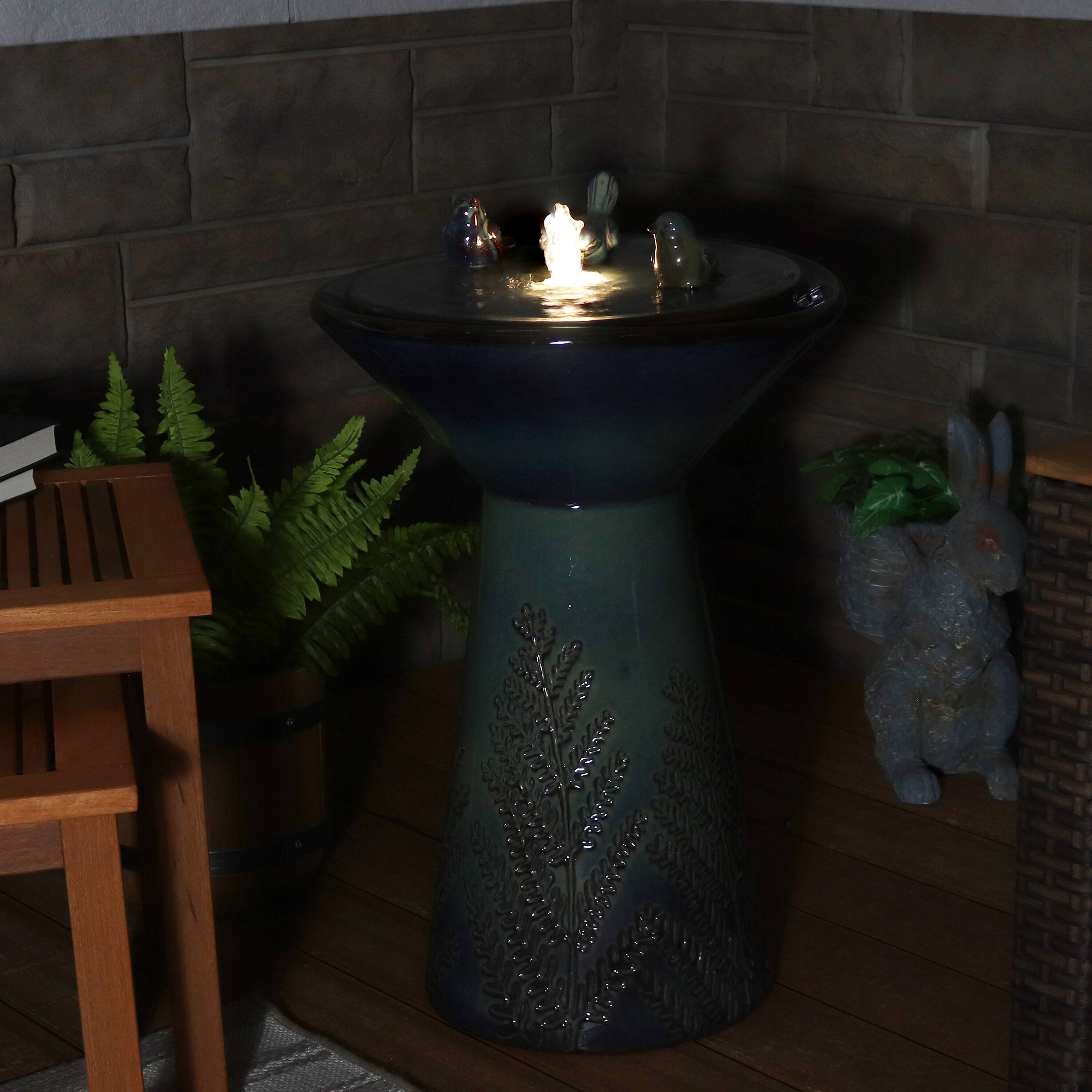 Alt View 8. Sunnydaze - Gathering Birds Ceramic Outdoor Fountain with LED Lights - 28 in - Green.