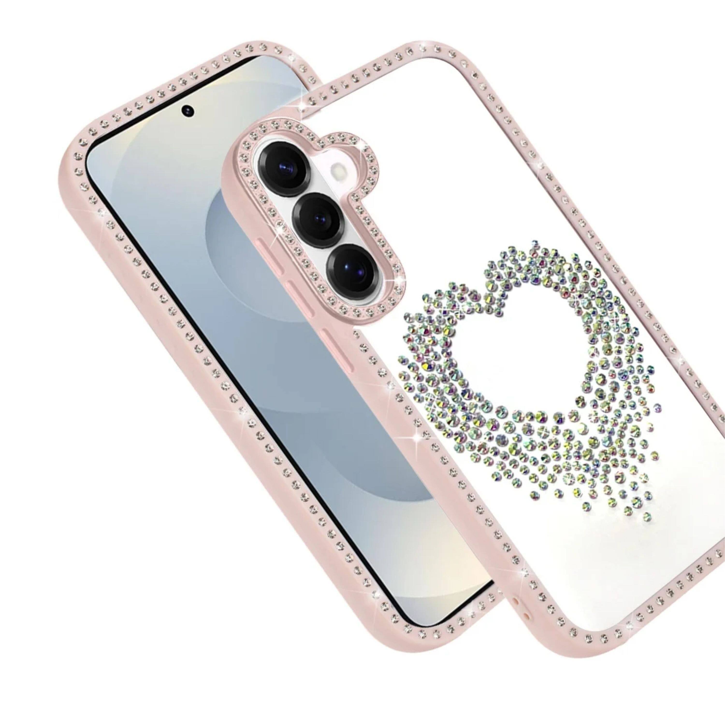 Left. Kitcheniva - Heart Shaped Crystals Design Phone Case With Tempered Glass For Samsung Galaxy S26+ Plus Pink - Pink.