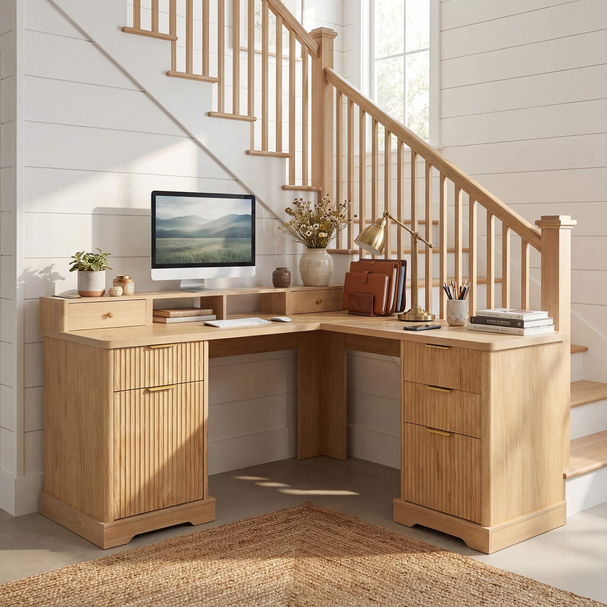 Z-Edge - Executive L Shaped Desk, Home Office Desk with File Drawer, Charging Station, Computer Desk with Drawers,Storage Cabinet - Natural