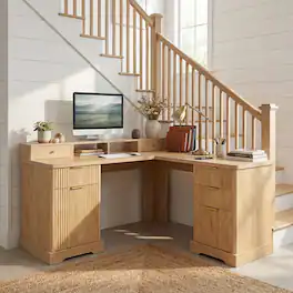 MERAVOM - Executive L Shaped Desk, Home Office Desk with File Drawer, Charging Station, Computer Desk with Drawers,Storage Cabinet - Natural