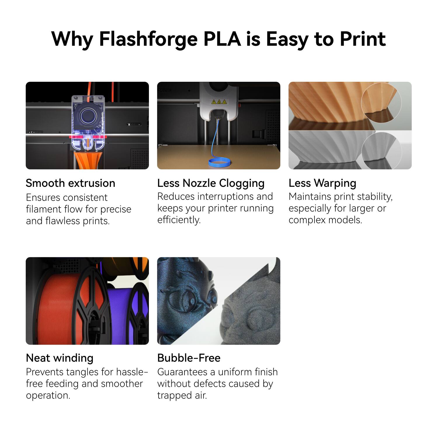 Why Flashforge PLA is Easy to Print

- **Smooth extrusion**  
  Ensures consistent filament flow for precise and flawless prints.

- **Less Nozzle Clogging**  
  Reduces interruptions and keeps your printer running efficiently.

- **Less Warping**  
  Maintains print stability, especially for larger or complex models.

- **Neat winding**  
  Prevents tangles for hassle-free feeding and smoother operation.

- **Bubble-Free**  
  Guarantees a uniform finish without defects caused by trapped air.