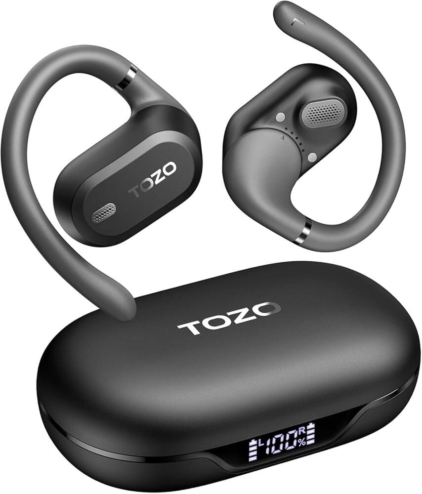 TOZO - Open-Ear Wireless Earbuds with Bluetooth 5.3, 35H Playtime, Dual ENC Clear Calls, LED Battery Display, Custom EQ via App - Black