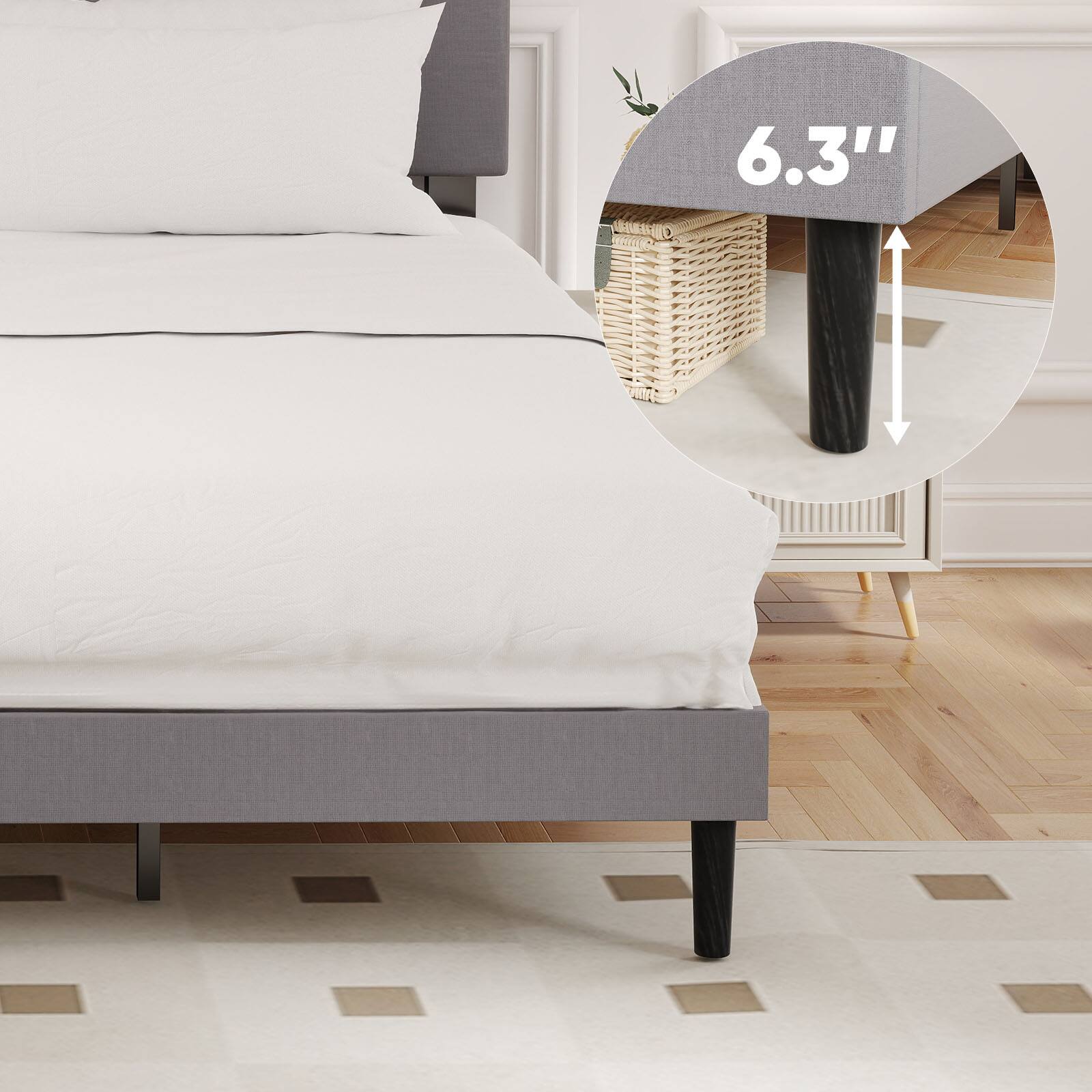 Alt View 2. AENKYO - King Size Bed Frame with High Headboard Upholstered Platform Bed No Box Spring Needed - Gray.