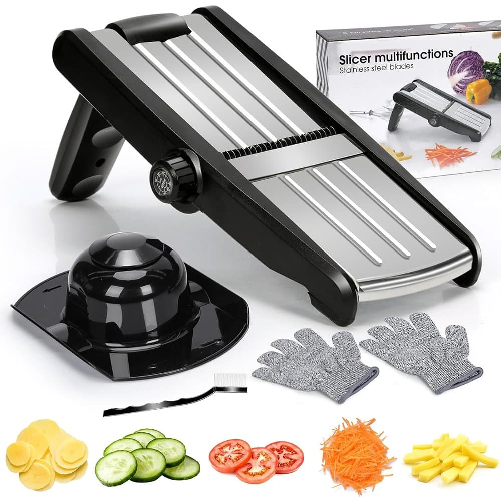 PARKER SLATER - 5-in-1 Mandoline Slicer, Adjustable Vegetable Chopper with Safety Glove, Cleaning Brush, Stainless Steel Kitchen Tool - Black