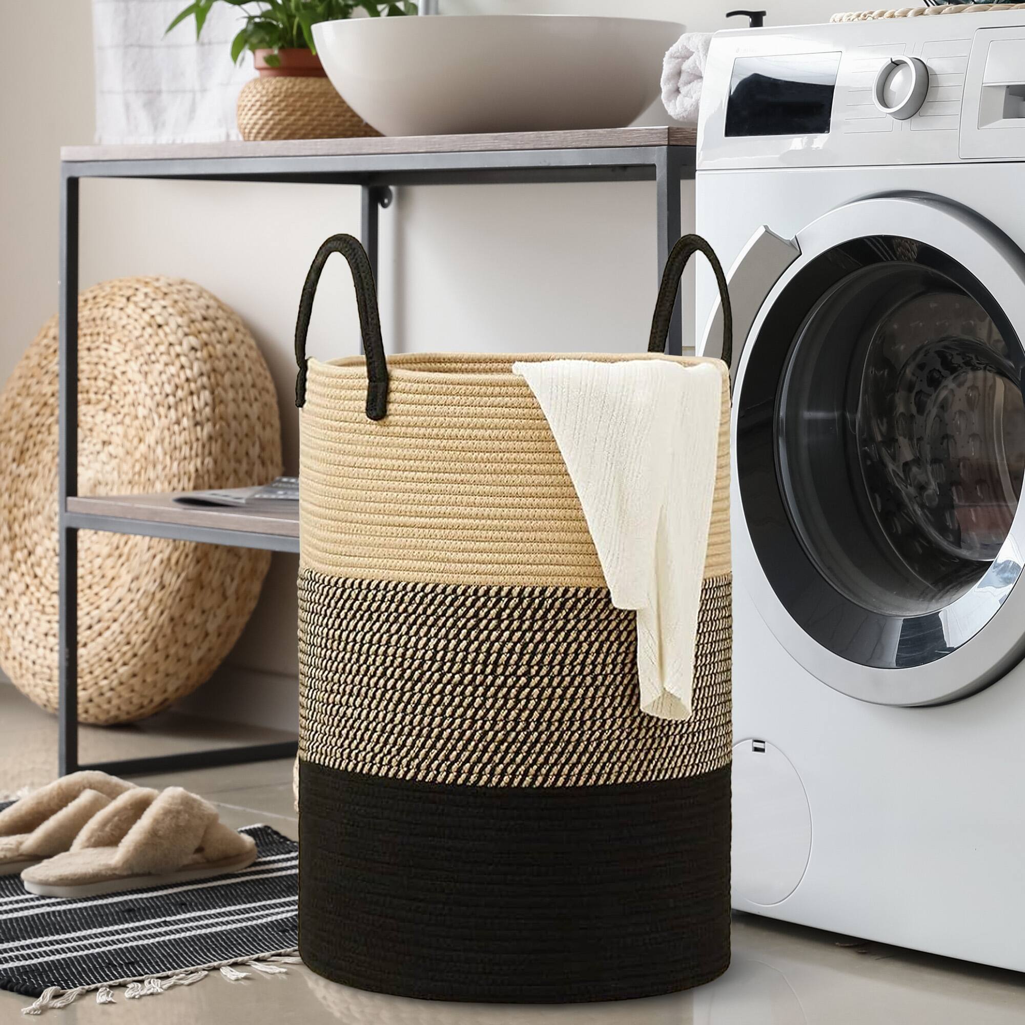Alt View 3. Cheer Collection - Woven Cotton Rope Laundry Hamper – Large 16 x 16 x 22 in Storage Basket with Reinforced Handles - 3 Tone Black/Gray/Tan - Black Gray Tan.