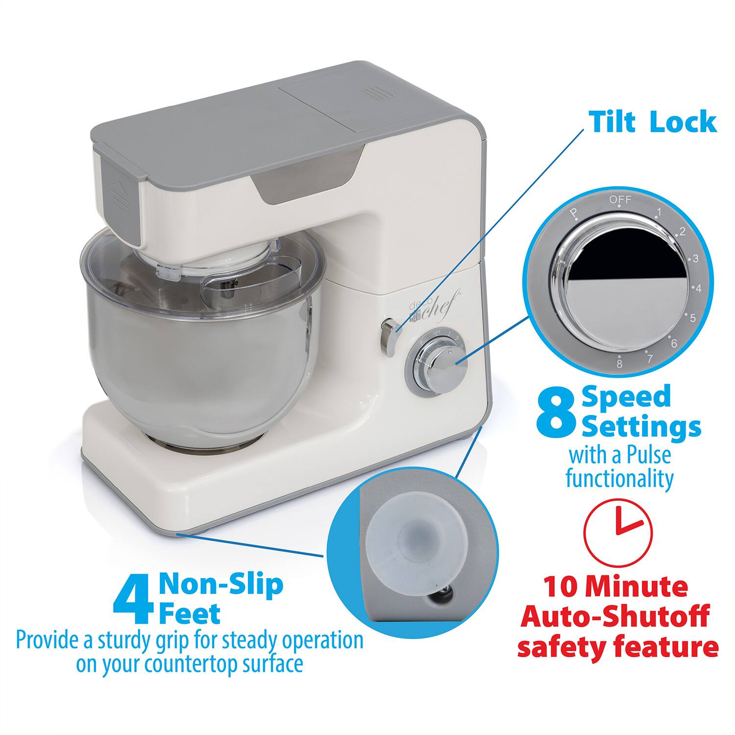 - Tilt Lock
- 8 Speed Settings with a Pulse functionality
- 10 Minute Auto-Shutoff safety feature
- 4 Non-Slip Feet
- Provide a sturdy grip for steady operation on your countertop surface