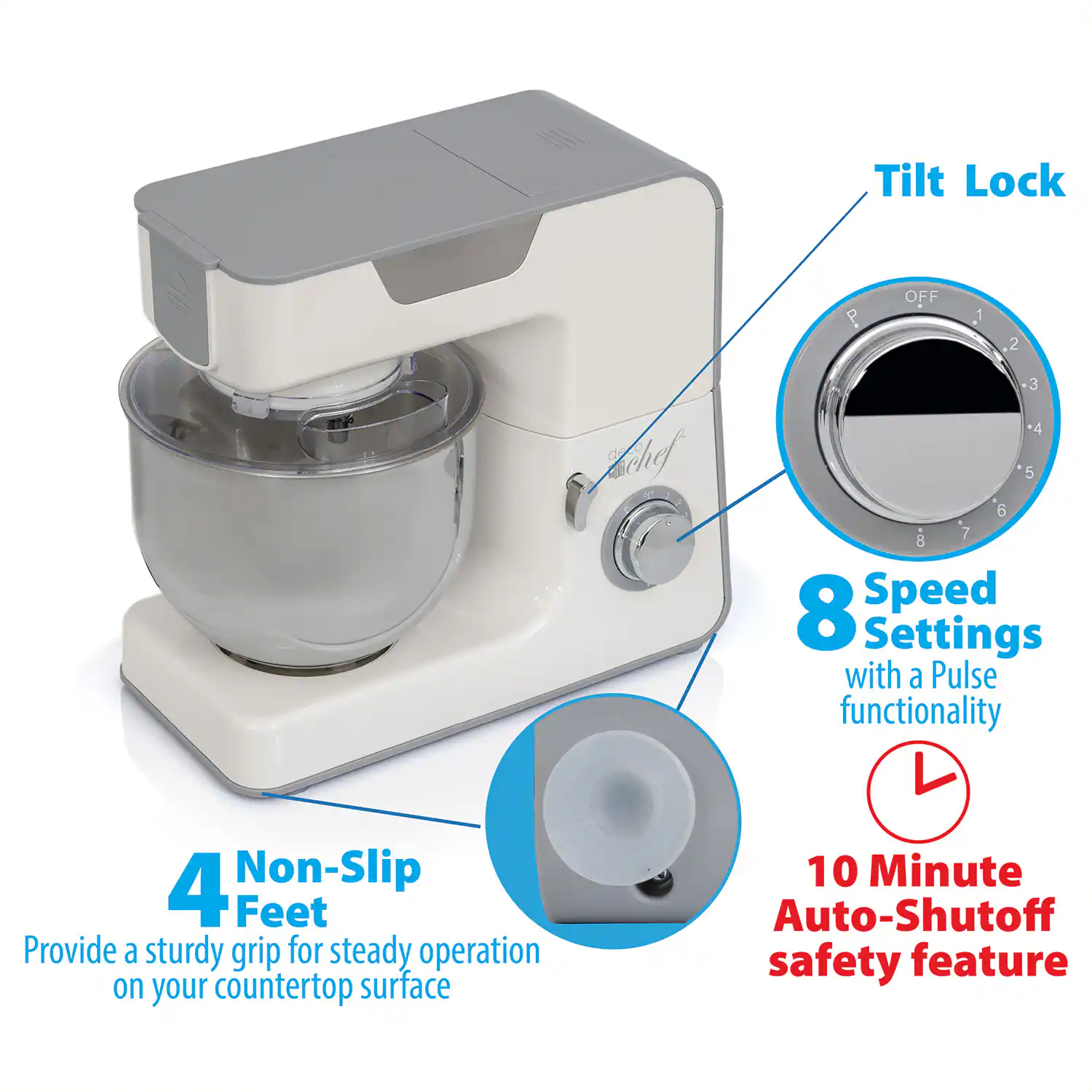 - Tilt Lock
- 8 Speed Settings with a Pulse functionality
- 10 Minute Auto-Shutoff safety feature
- 4 Non-Slip Feet
  - Provide a sturdy grip for steady operation on your countertop surface