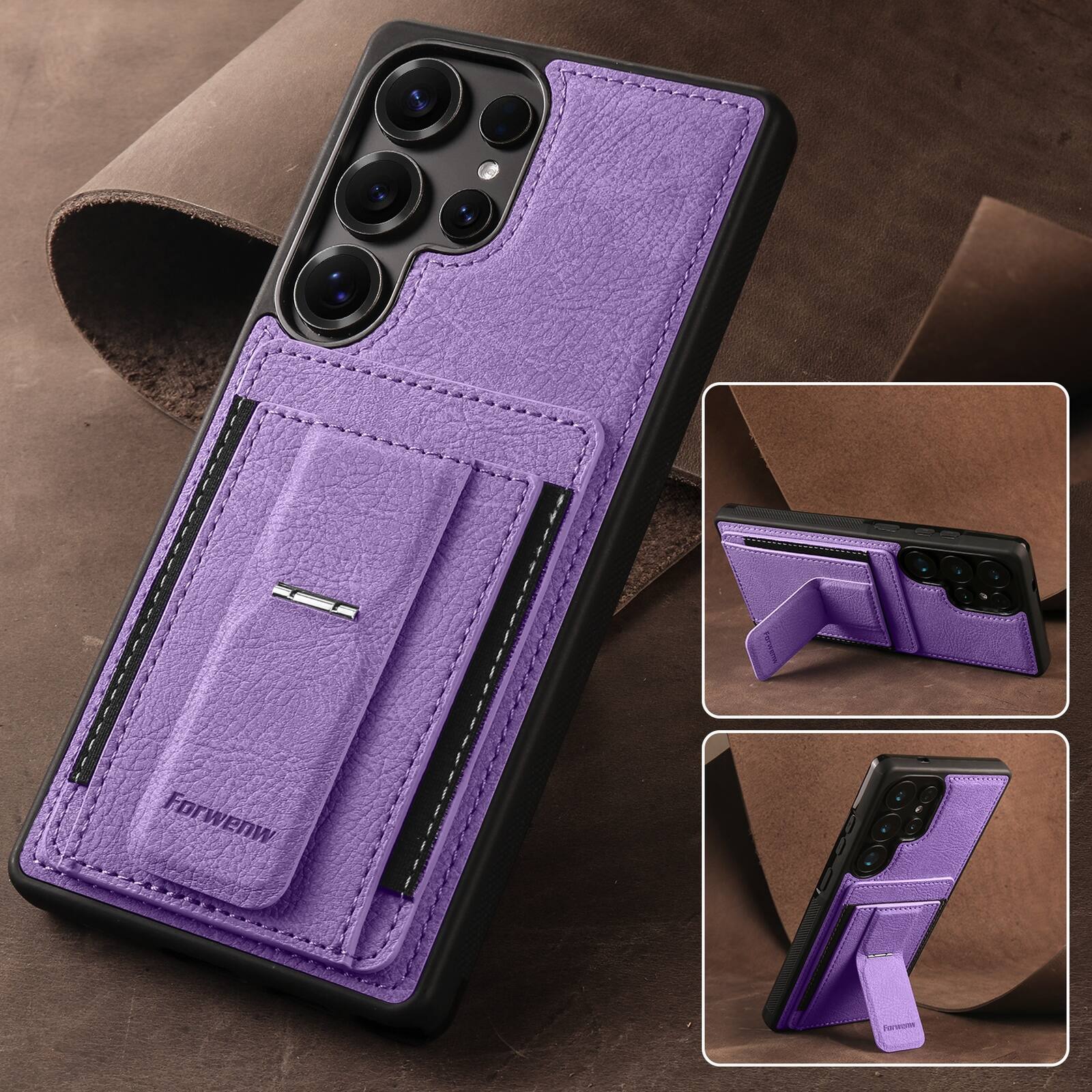 Alt View 2. Dteck - Slim Card Holder Case for Samsung Galaxy S26 Ultra, Shockproof Wallet Protective Cover with Kickstand - Purple.