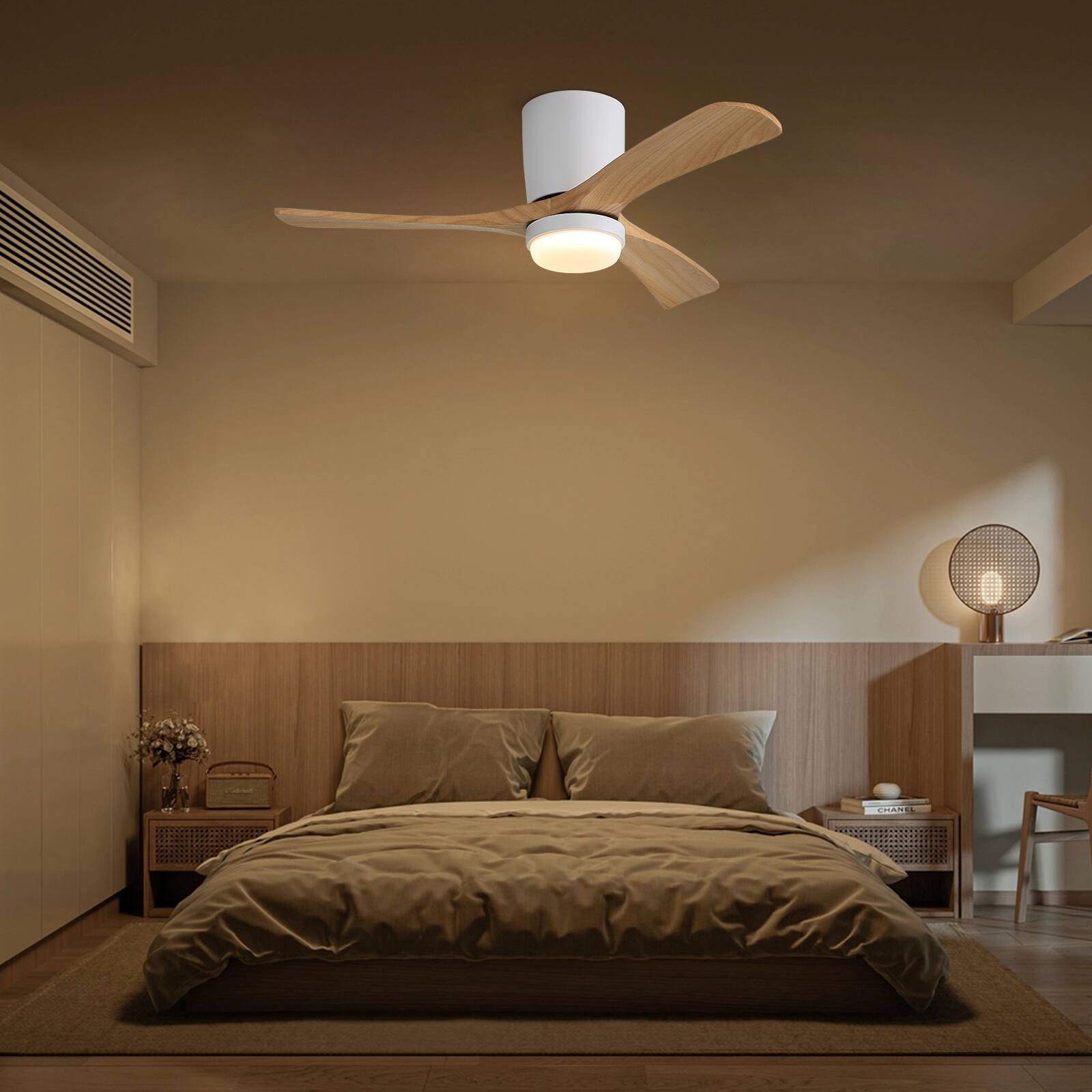 Alt View 4. Sofucor - 42'' Modern Hugger Ceiling Fan with Lights and Remote Control Wood Flush Mount Quiet DC Motor Ceiling Fan Indoor Outdoor - White Burley Wood.