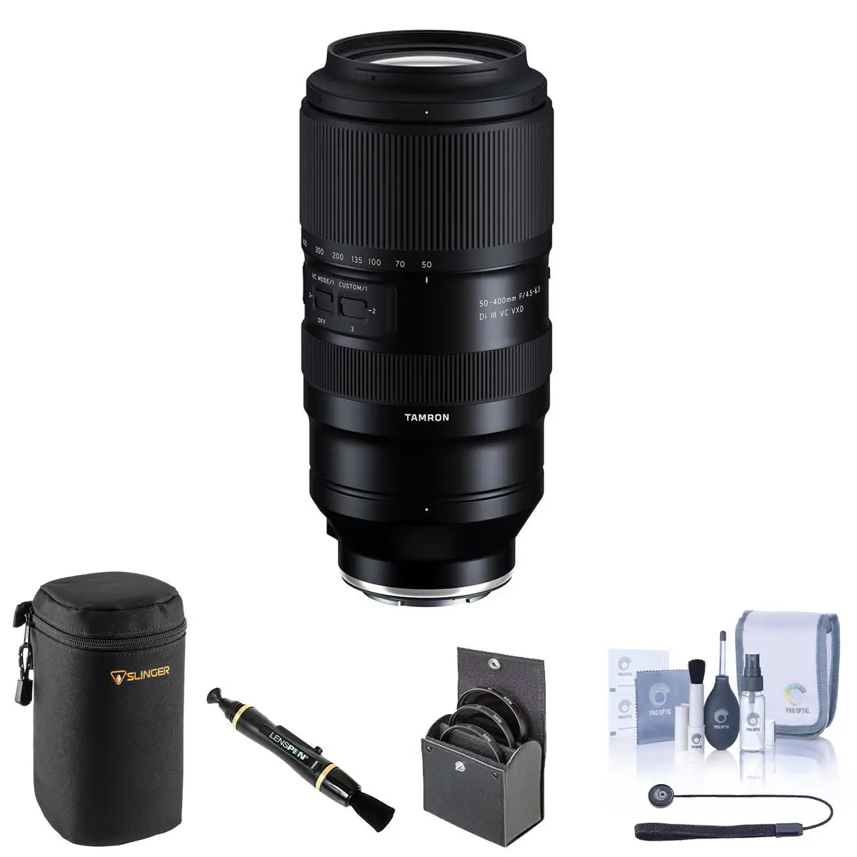 300 200 135 100 MODE/T CUSTOM/T py 2
70
50 I
50-400mm F/4.5-6.3
TAMRON
SLINGER
LENSPEN
PROOPTIC