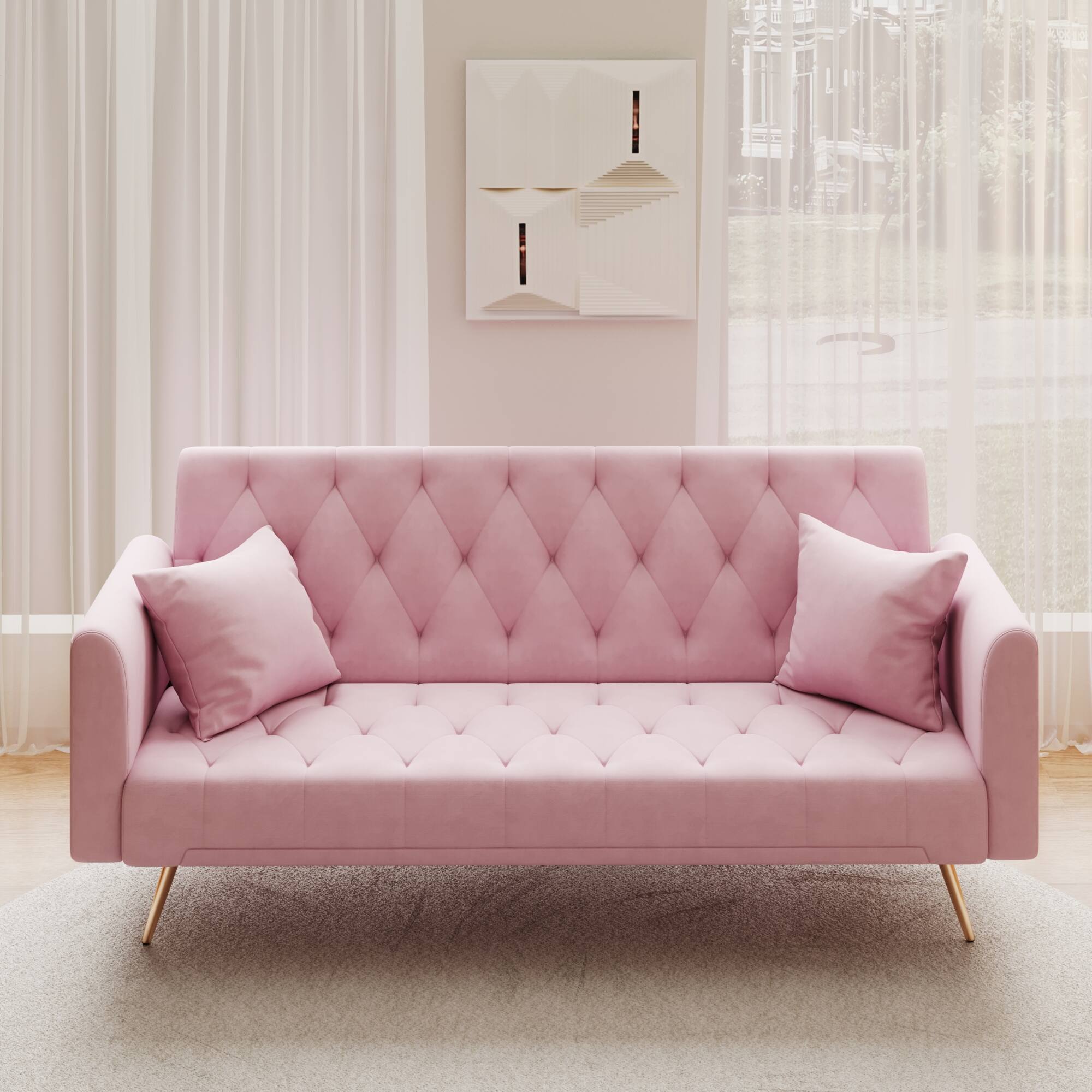 Alt View 1. GOODSILO - Convertible Velvet Sofa Bed with Adjustable Backrest for Small Spaces, Living Room and Office Use - Pink.
