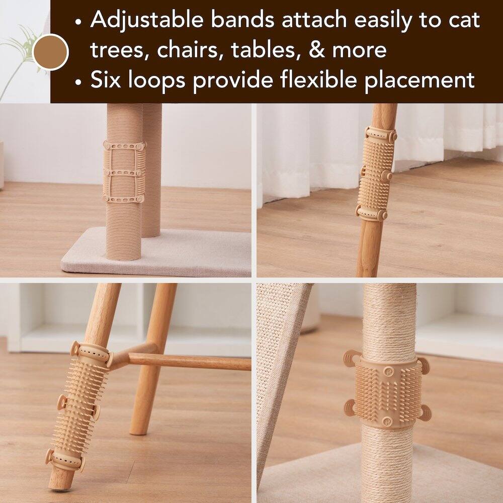 - Adjustable bands attach easily to cat trees, chairs, tables, & more
- Six loops provide flexible placement
