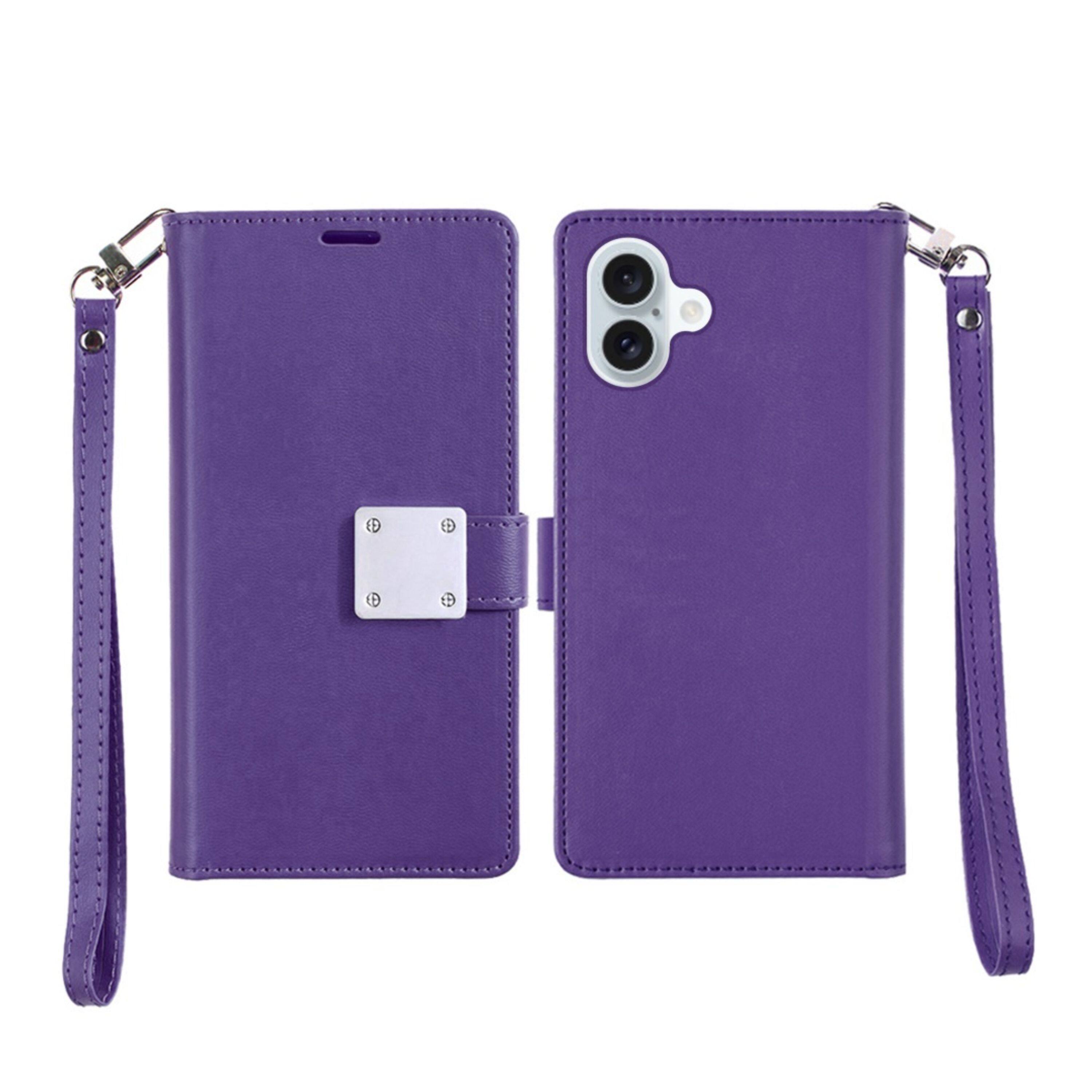 Left. Kitcheniva - PU Leather Phone Wallet Phone Case With Wrist Strap Tempered Glass For iPhone 17 Dark Purple - Dark Purple.