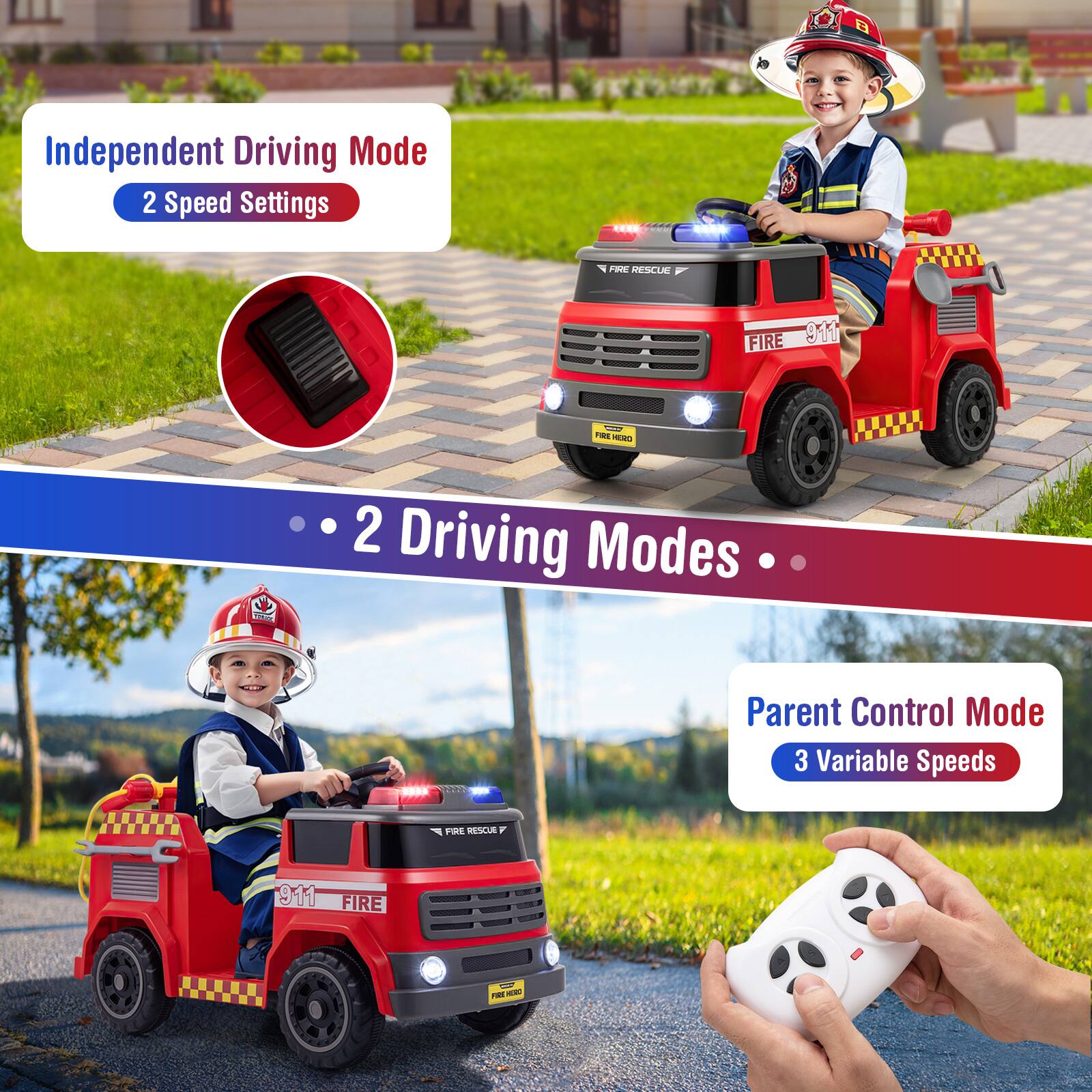 Independent Driving Mode
2 Speed Settings
2 Driving Modes
Parent Control Mode
3 Variable Speeds