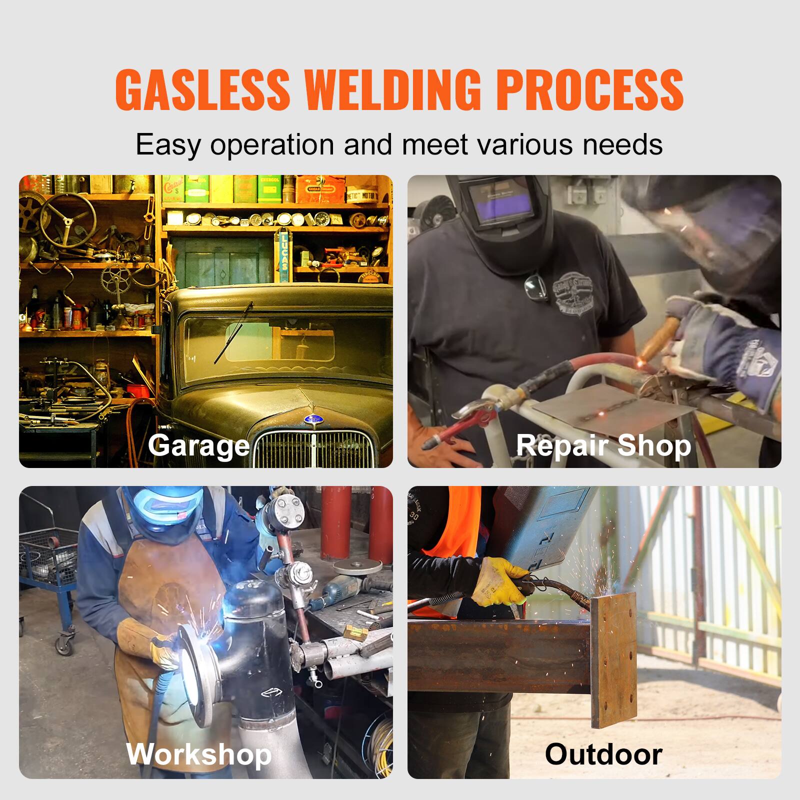GASLESS WELDING PROCESS  
Easy operation and meet various needs  

- Garage  
- Repair Shop  
- Workshop  
- Outdoor